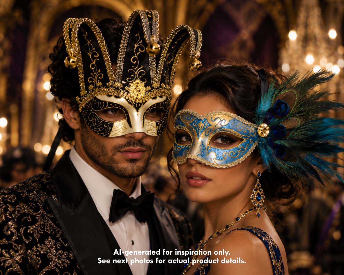 Blue and gold couples masquerade mask set with peacock feather eye mask and black gold three-point jester mask with decorative bells.
