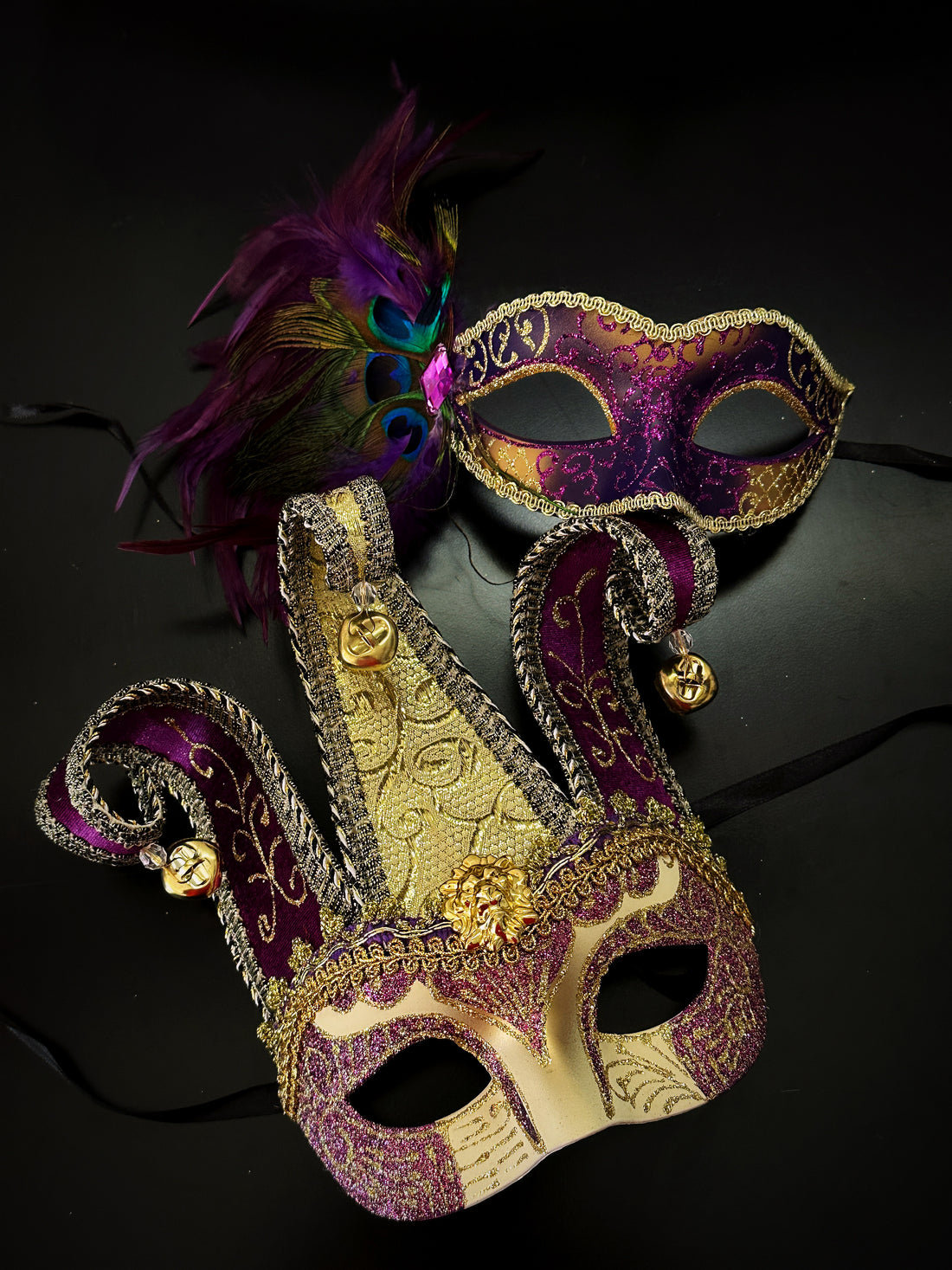 Purple and gold Venetian couples masquerade mask set with jester mask and feathered mask for Mardi Gras, Carnival, or masquerade ball.