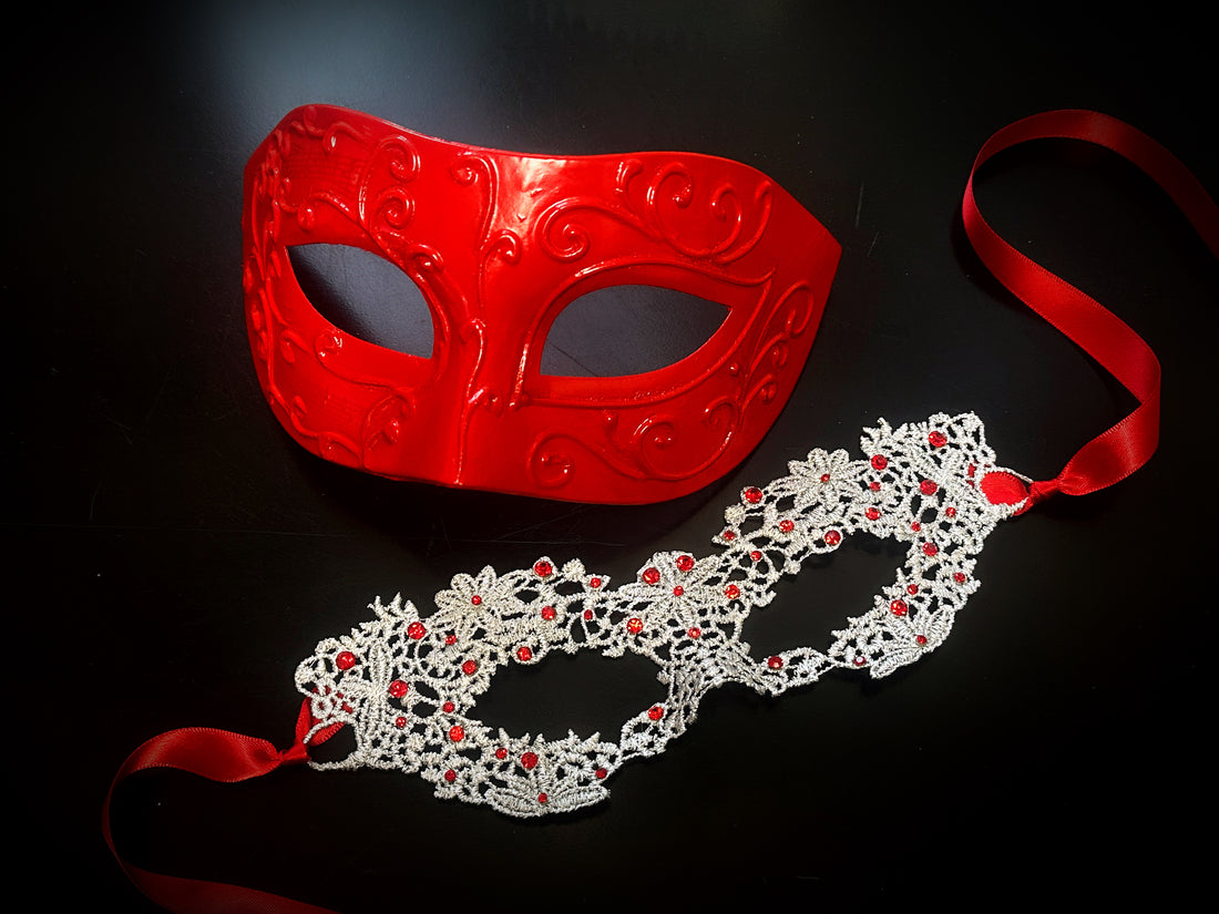 Couples masquerade mask set with red embossed men’s mask and silver lace rhinestone women’s mask, perfect for masquerade ball, prom, or Halloween.