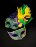 Couples mardi gras masquerade masks in green gold and purple.
