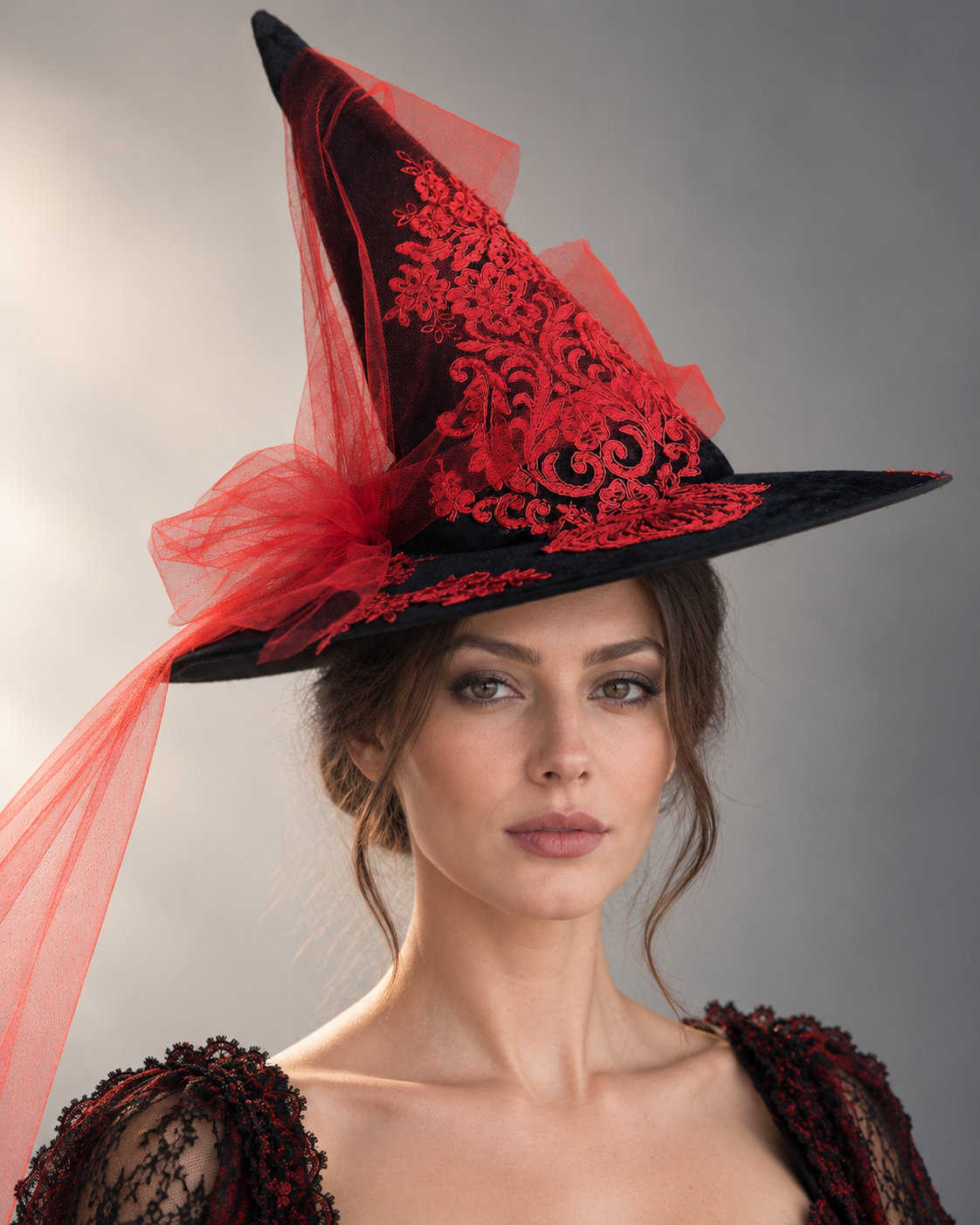 Crimson Enchantress Witch Hat with black velvet finish, crimson floral embroidery, flowing red tulle, and wide brim.