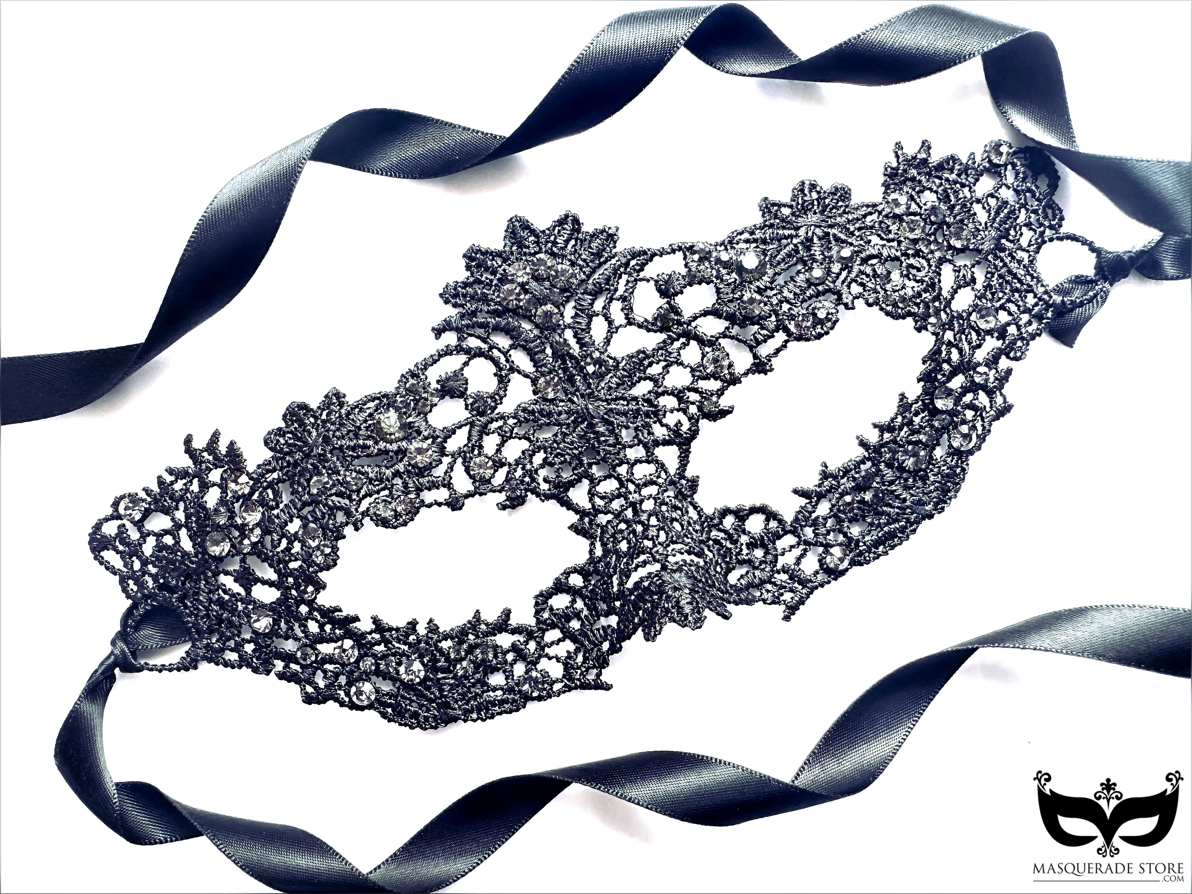 Black lace mask rhinestone detailing for women’s masquerade ball, prom, or Halloween party.