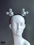 Silver disco ball ears headband with mirrored spheres, perfect for festivals, raves, parties, and fun clubwear looks.