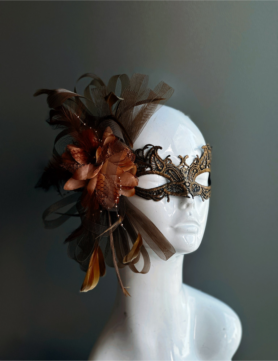 Enchantress Lace Mask - Brown Feathers