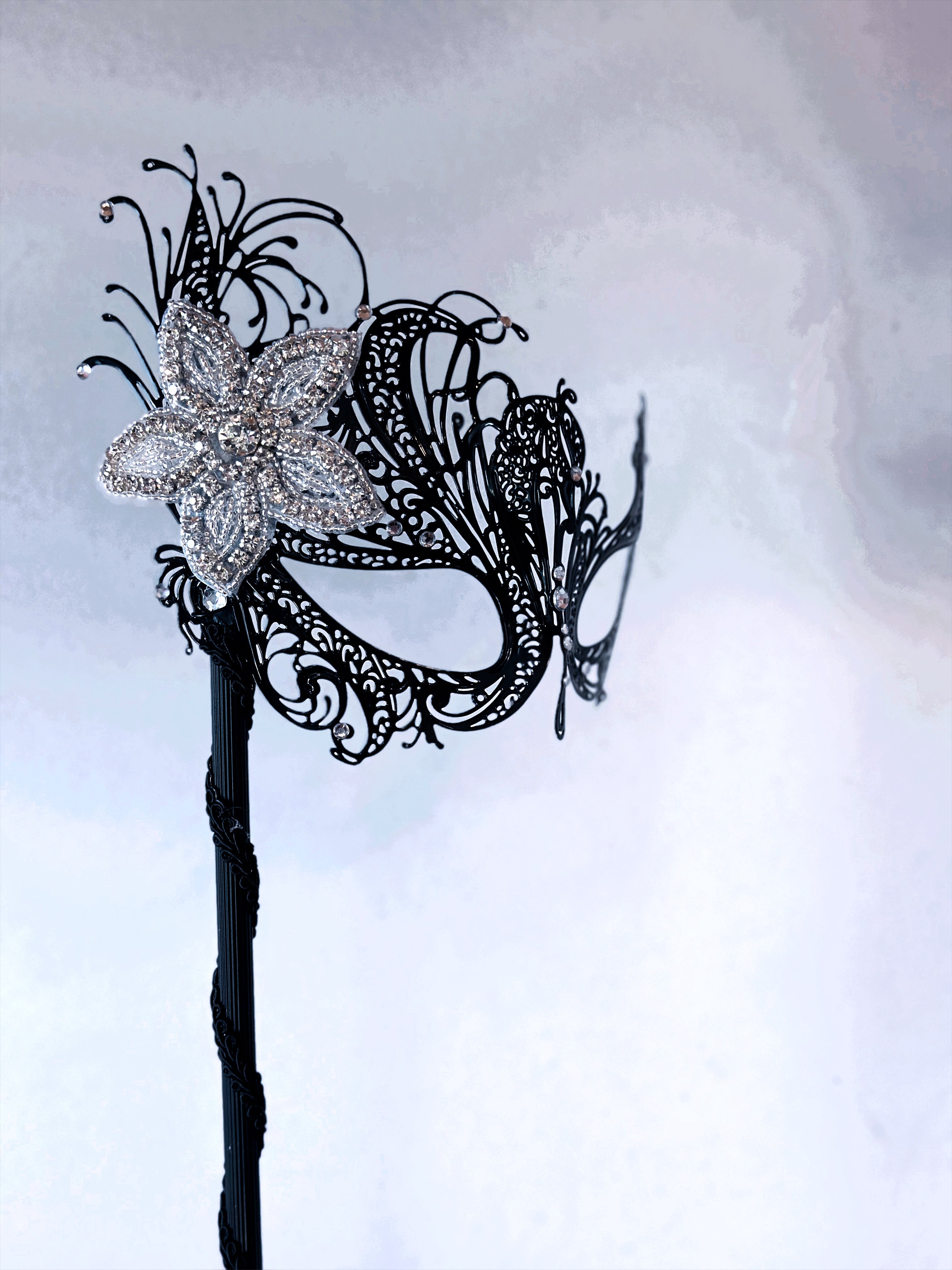 Swan Rhinestone Handheld Mask - Silver Brooch