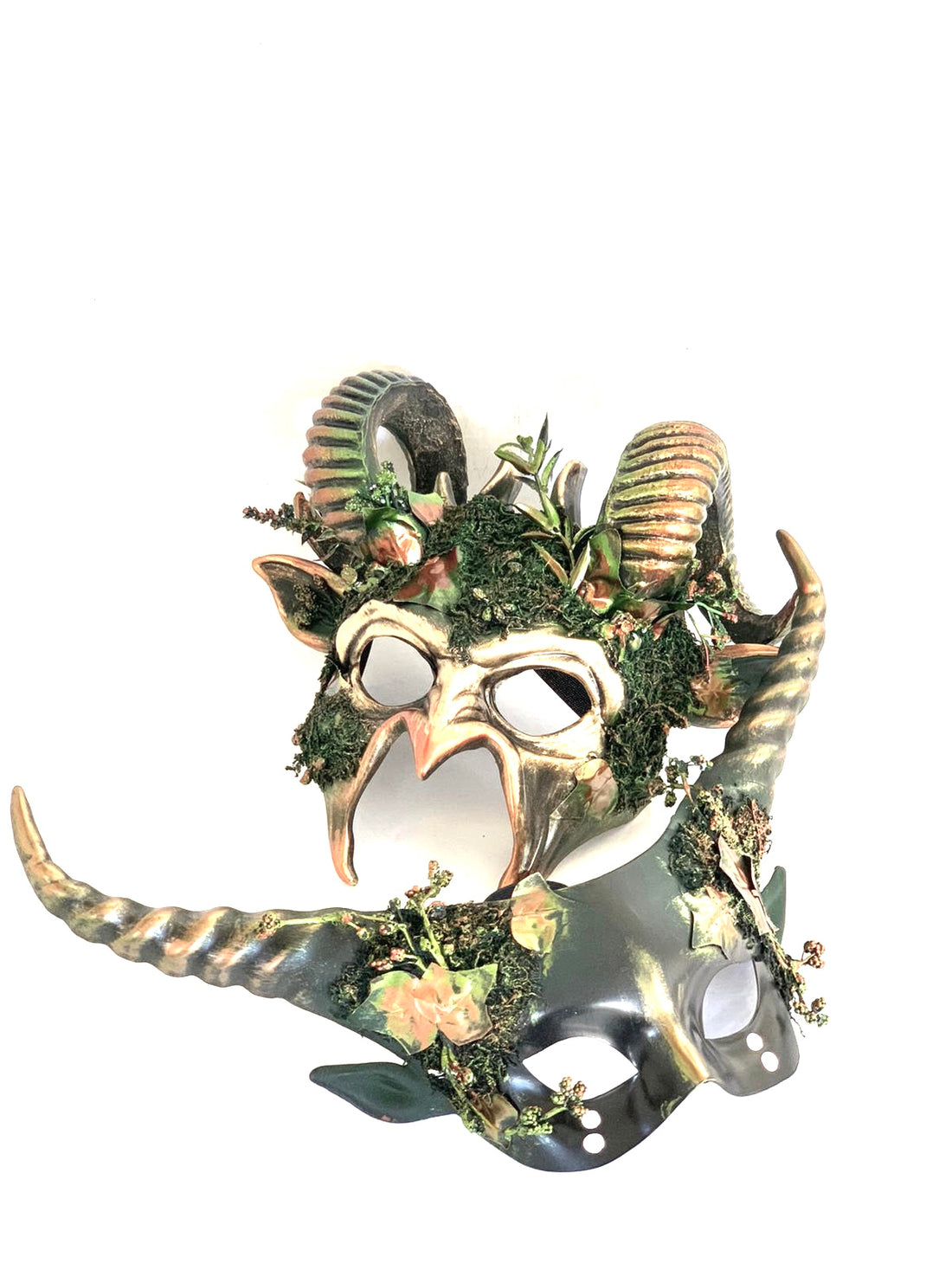 Woodland-themed couples masquerade masks with gold horns, greenery, and enchanted floral details