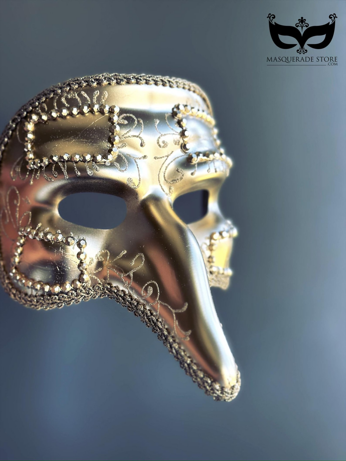 Gold Venetian couples masquerade mask with men’s plague doctor mask.