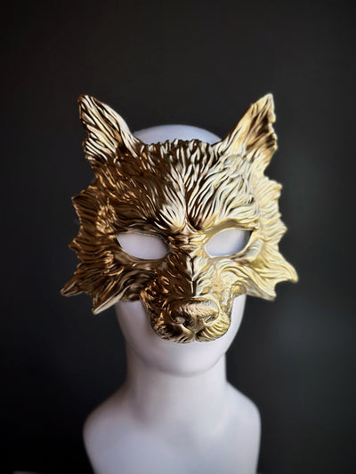Gold wolf mask for men featuring bold texture and animal shape for masquerade ball or Halloween costume