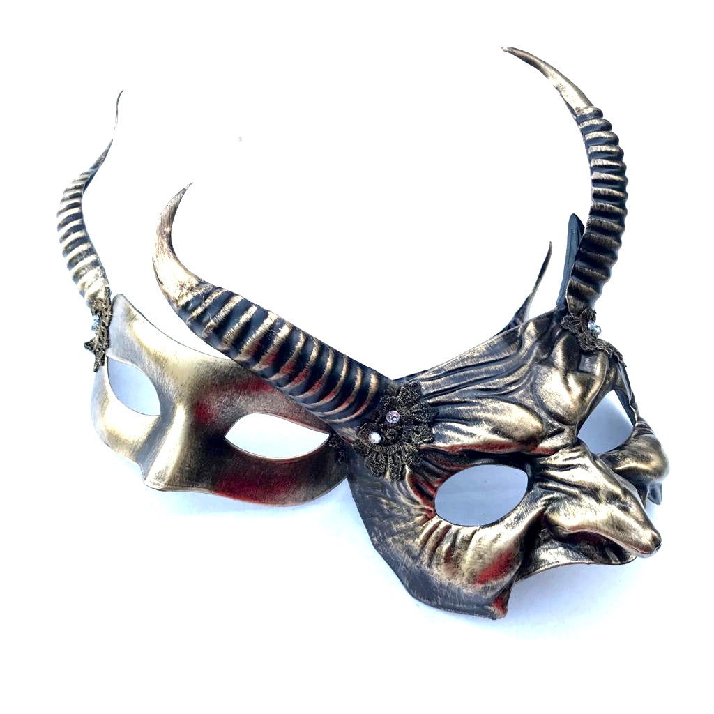 Gothic fantasy masquerade mask duo with curled horns in antique gold finish for Halloween or cosplay