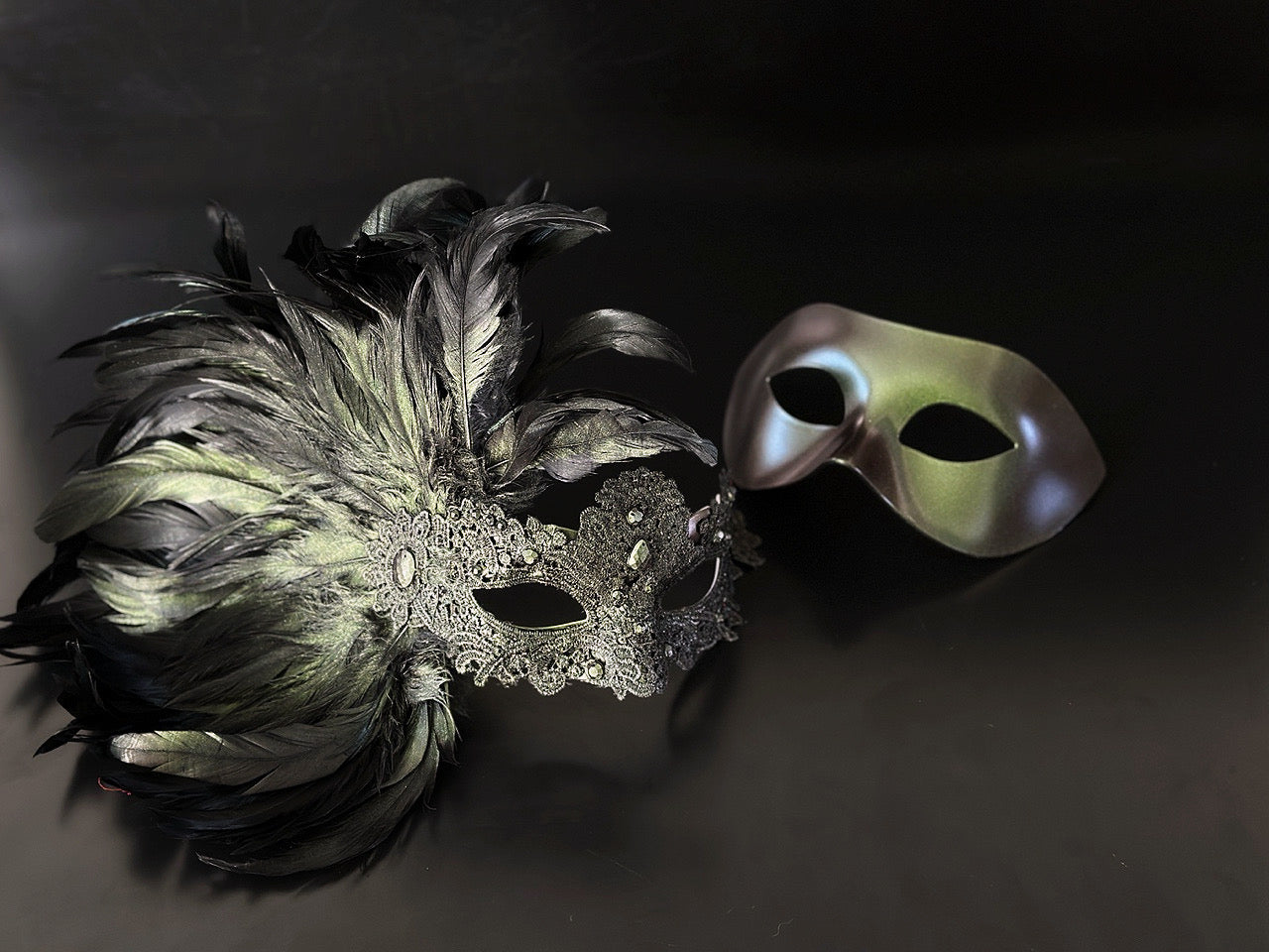 Green,charcoal and silver feather lace masquerade mask set