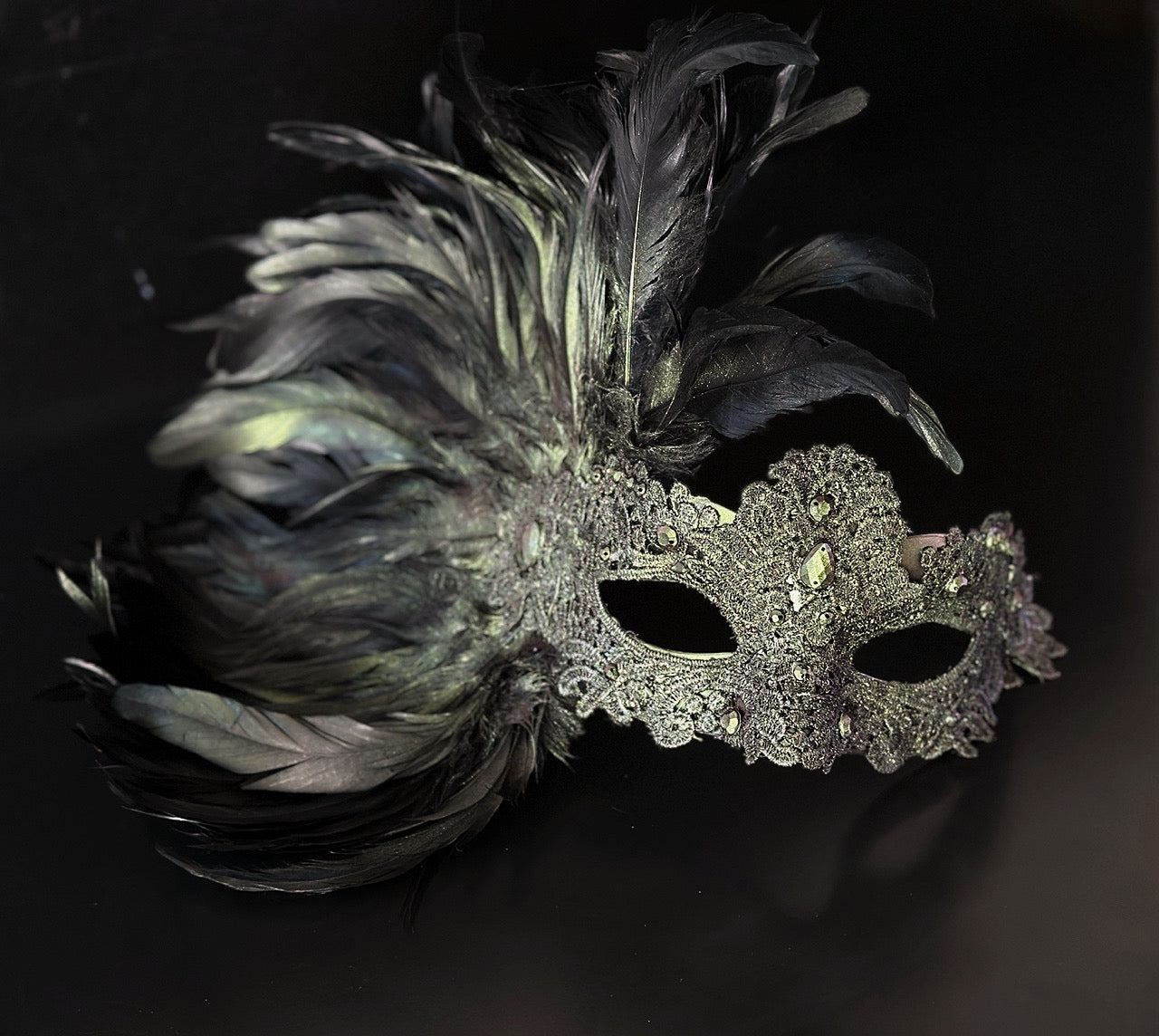 Green,charcoal and silver feather lace women masquerade mask