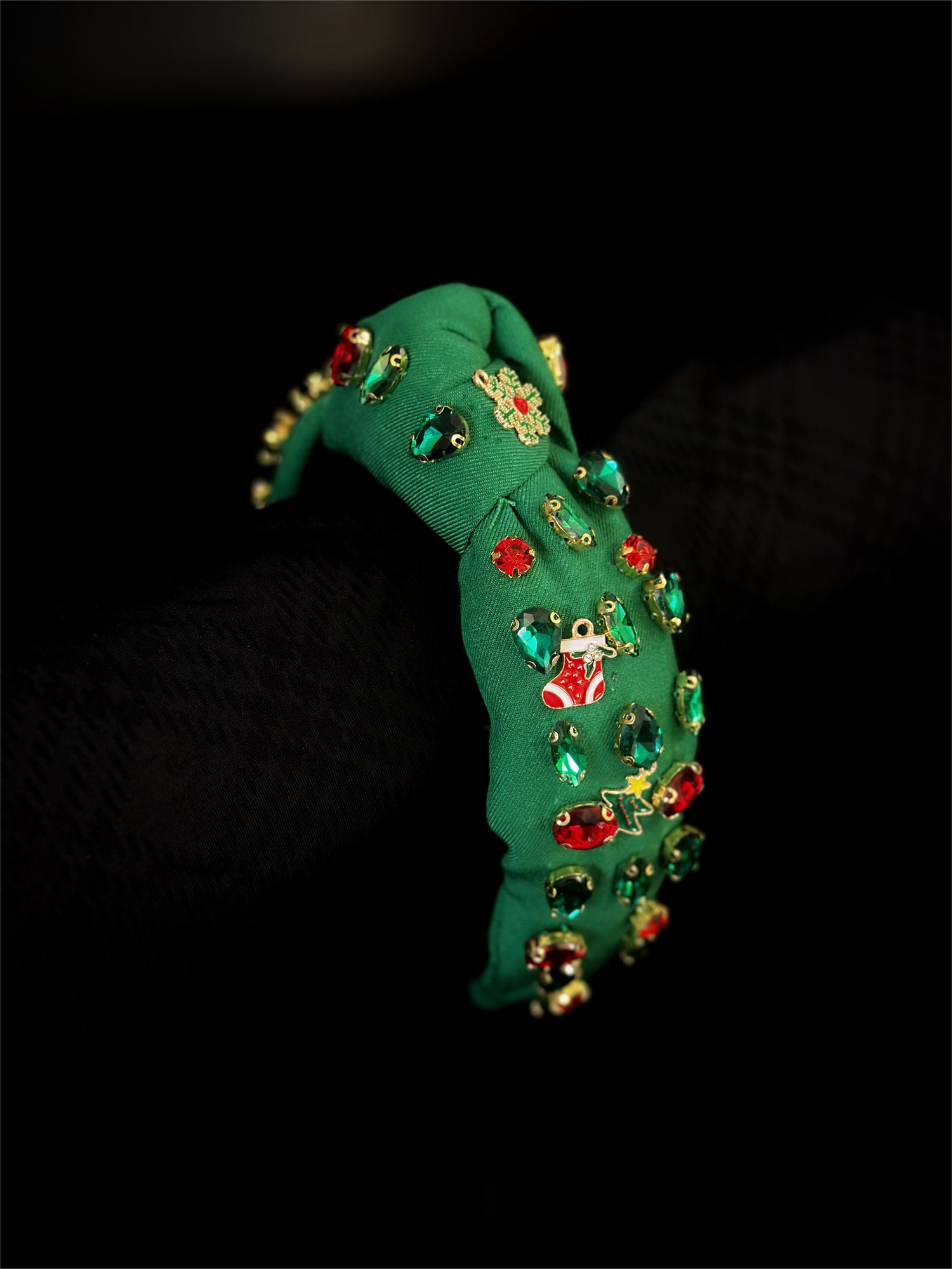 Festive green padded headband decorated with holiday gems and Christmas icons