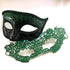 Matching green masks for couples—lace women’s mask and men’s faux leather mask