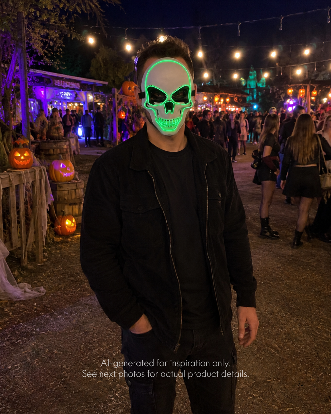 Green Glow Skull Neon LED mask with glowing green skull outline, eye, nose, and mouth details, replaceable battery, and three lighting settings.