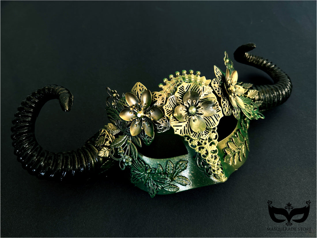 Green horn masquerade mask in green with earthy details, perfect for fantasy cosplay and masquerade events