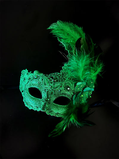 Emerald green feather masquerade mask with lace and gem accents