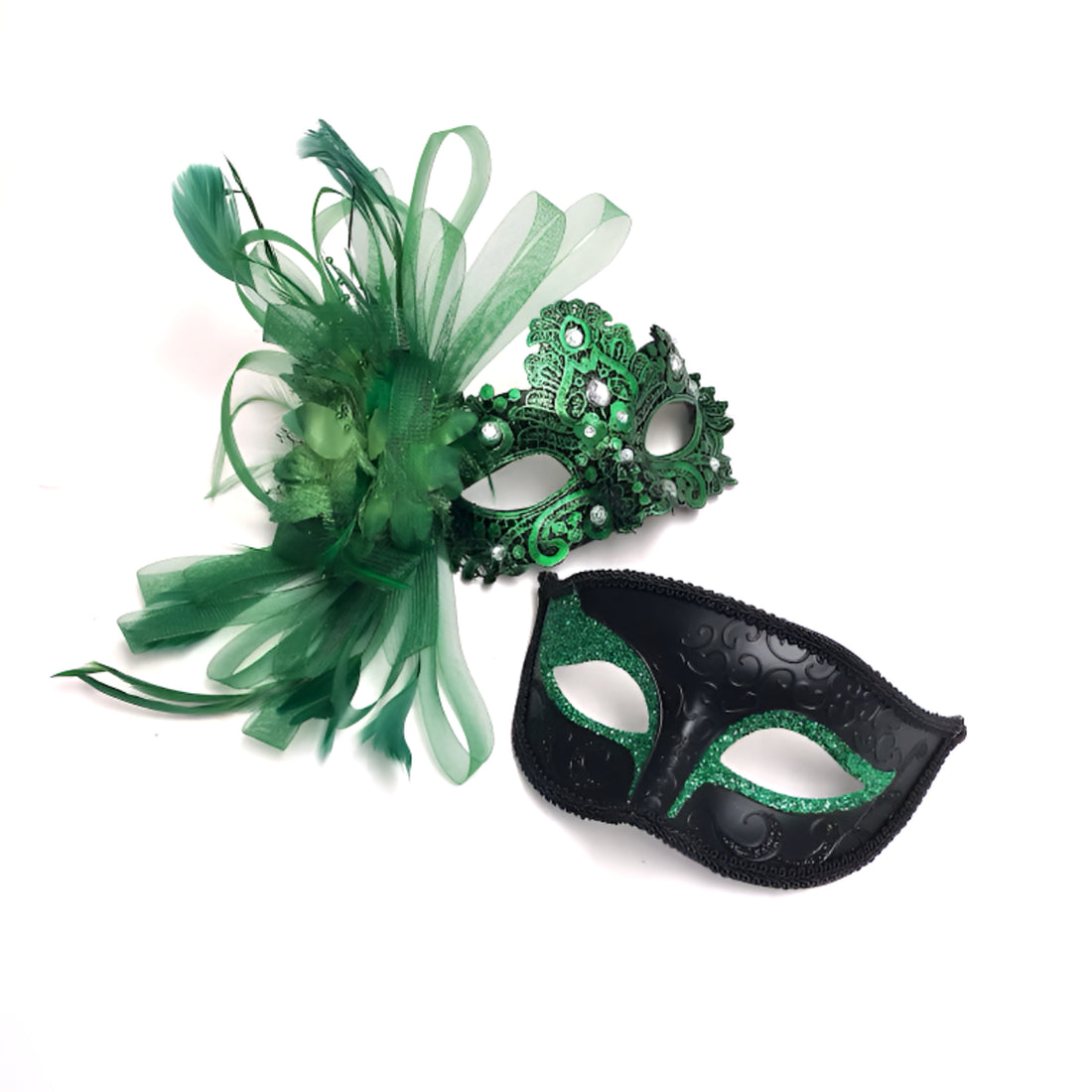 Green feather mask women Green glitter mens mask