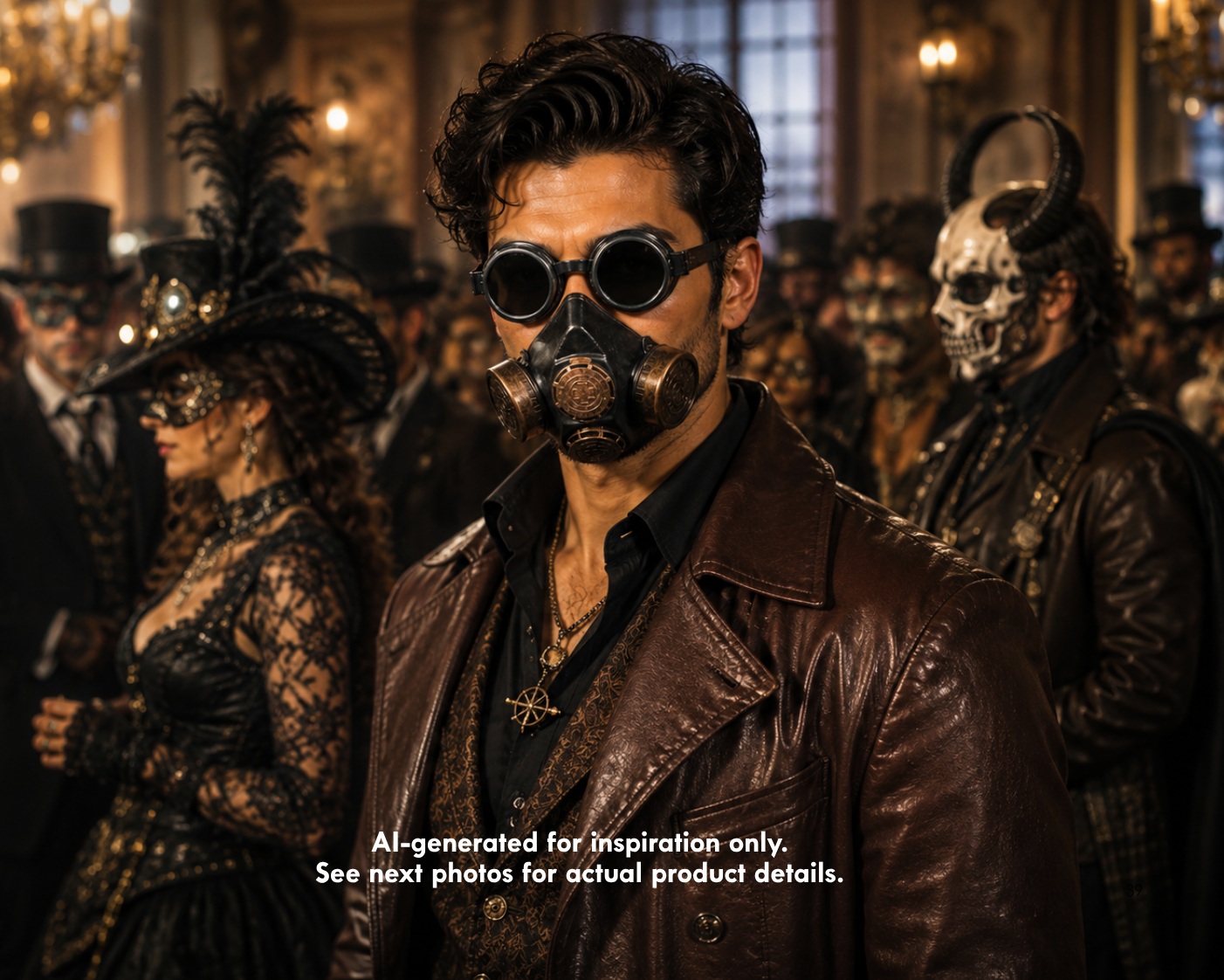 Black and antique bronze cosplay gas mask with dark round goggles, dual filter canisters, adjustable straps, and industrial dystopian styling.