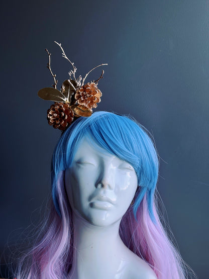 Golden Christmas winter forest headband with pinecones, leaves, and twigs.