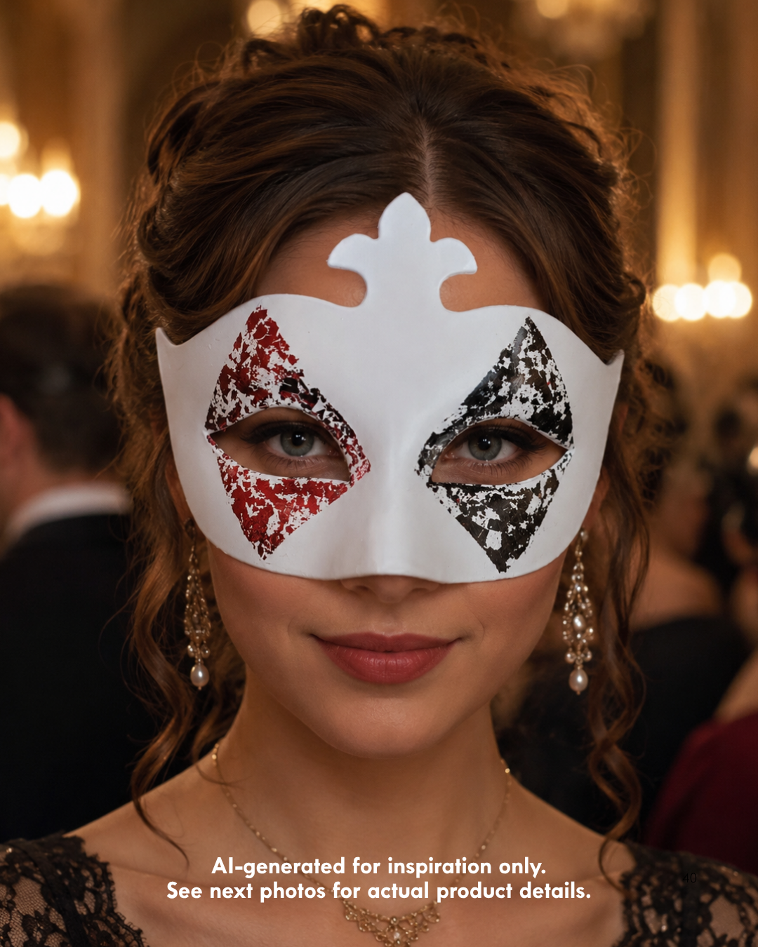 High Stakes Harlequin white women’s casino mask with distressed red and black diamond eye accents, raised crest, and ribbon ties.