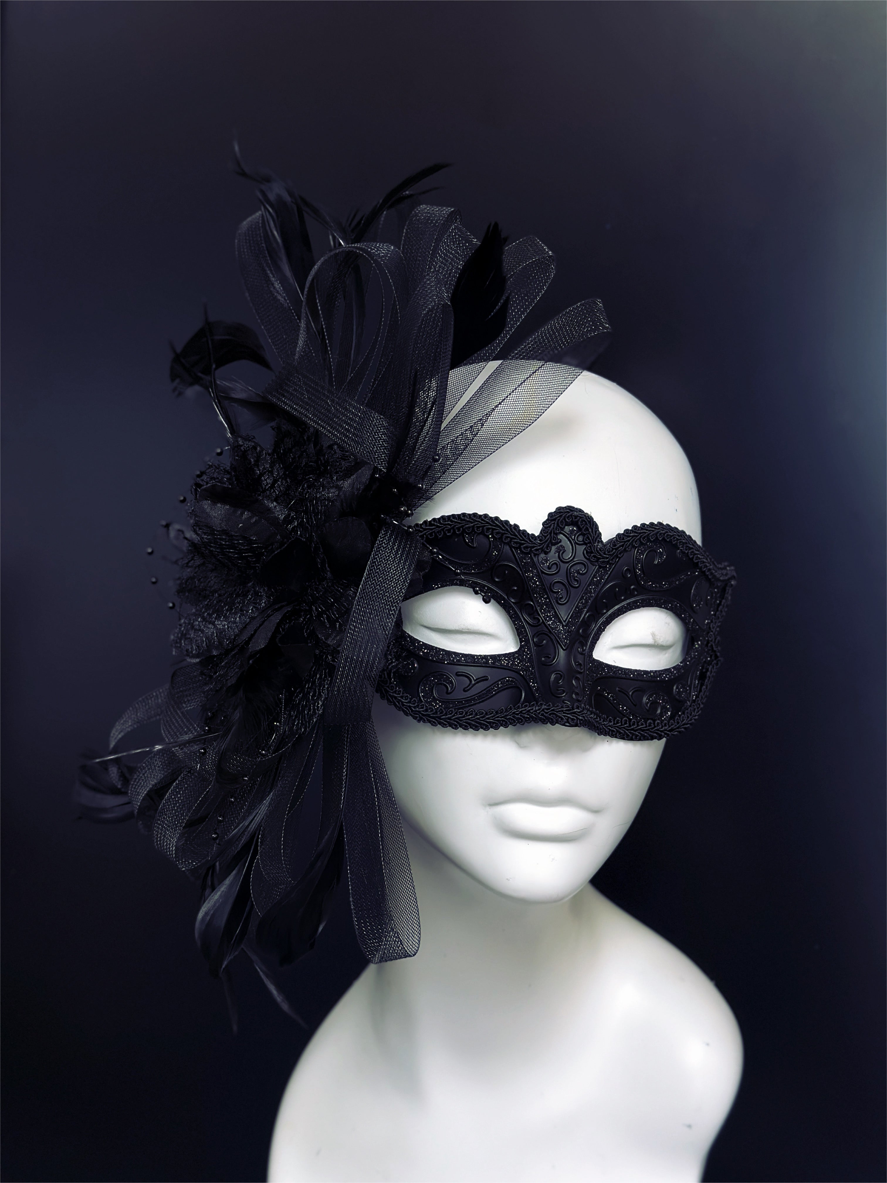 Gothic Lace & Ribbon - Black Feather Mask