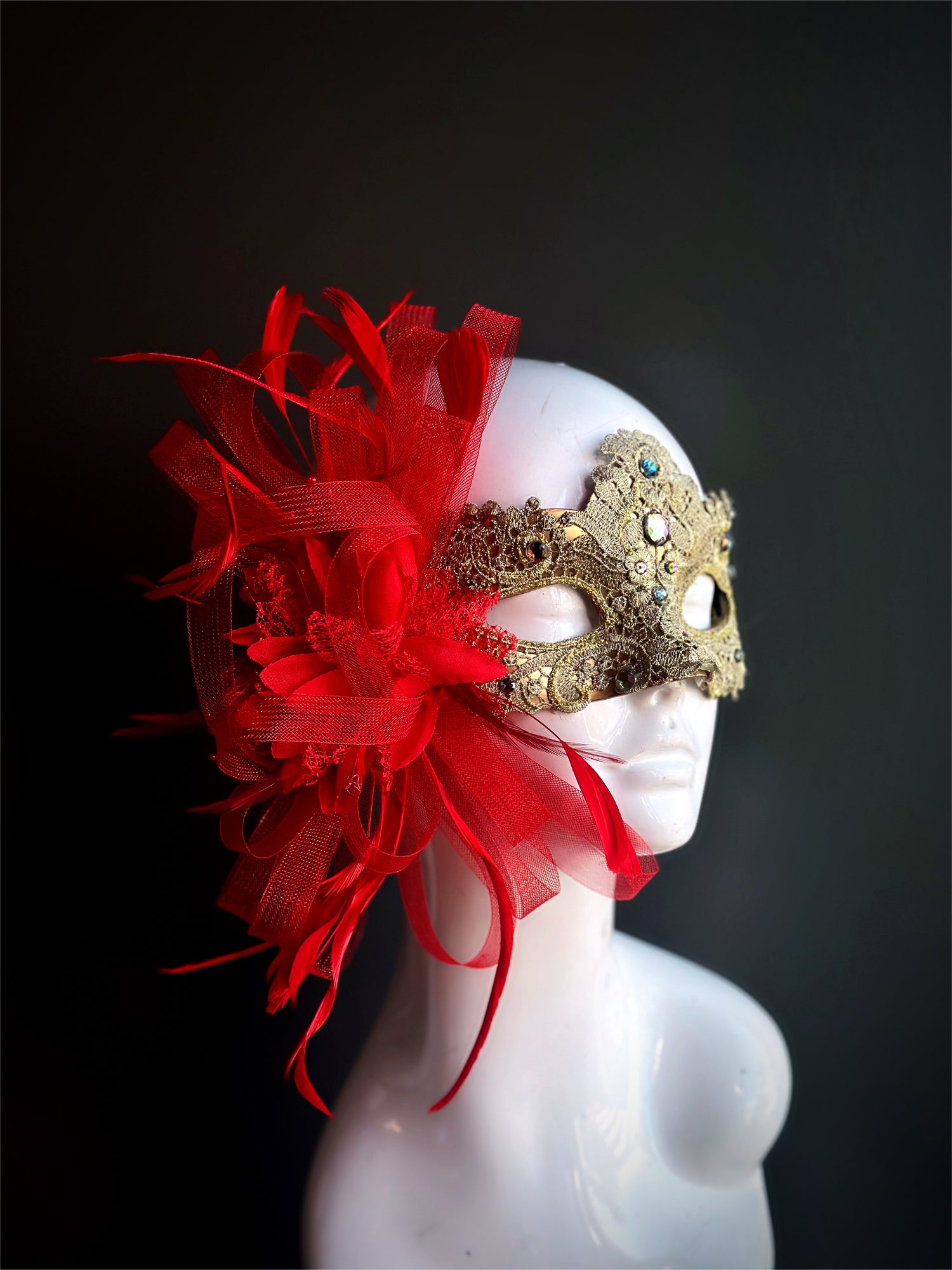 Womens Masquerade Mask Brocade Feathers Gold Red