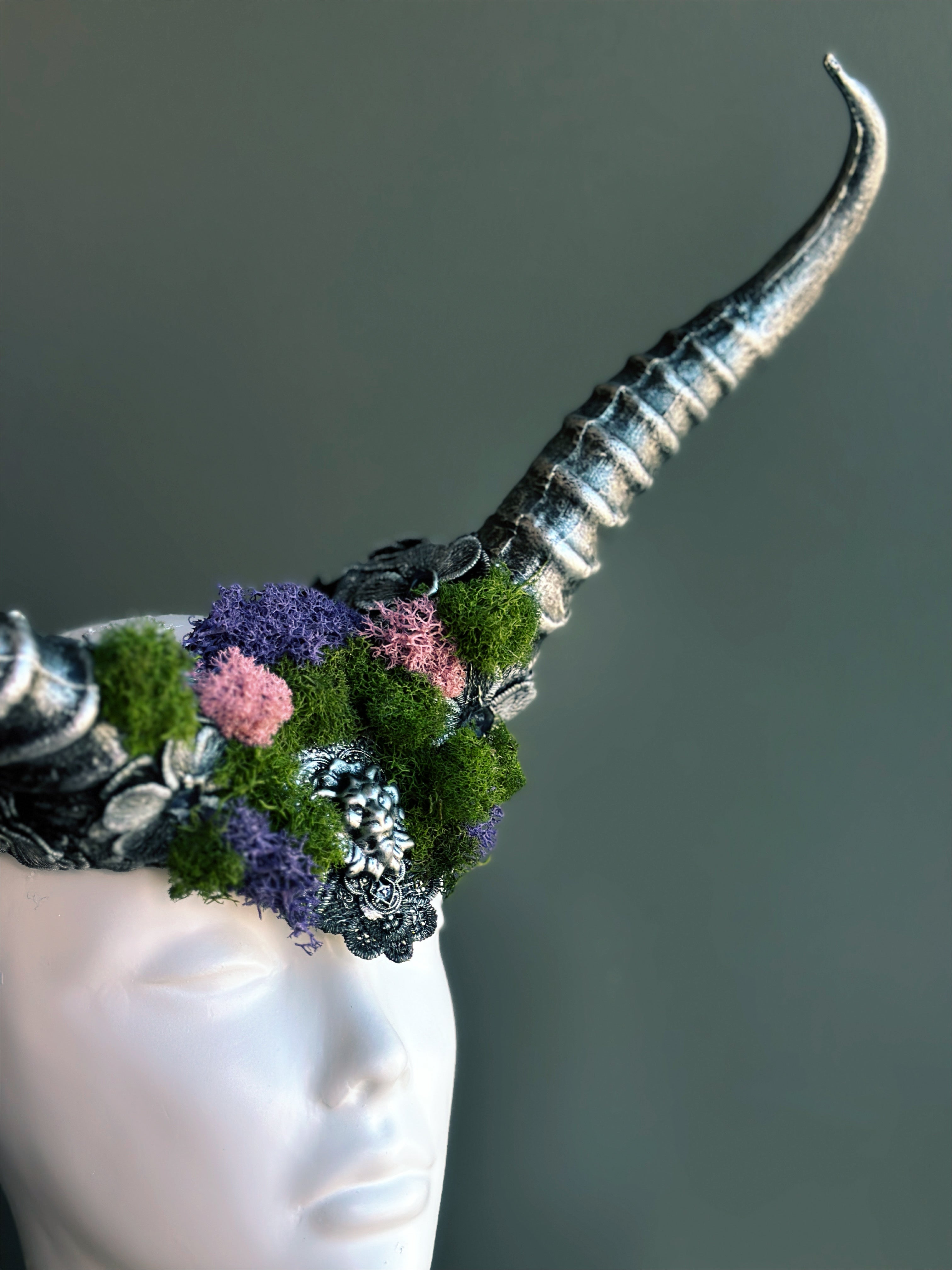 Silver Horn Headpiece - Colorful Moss