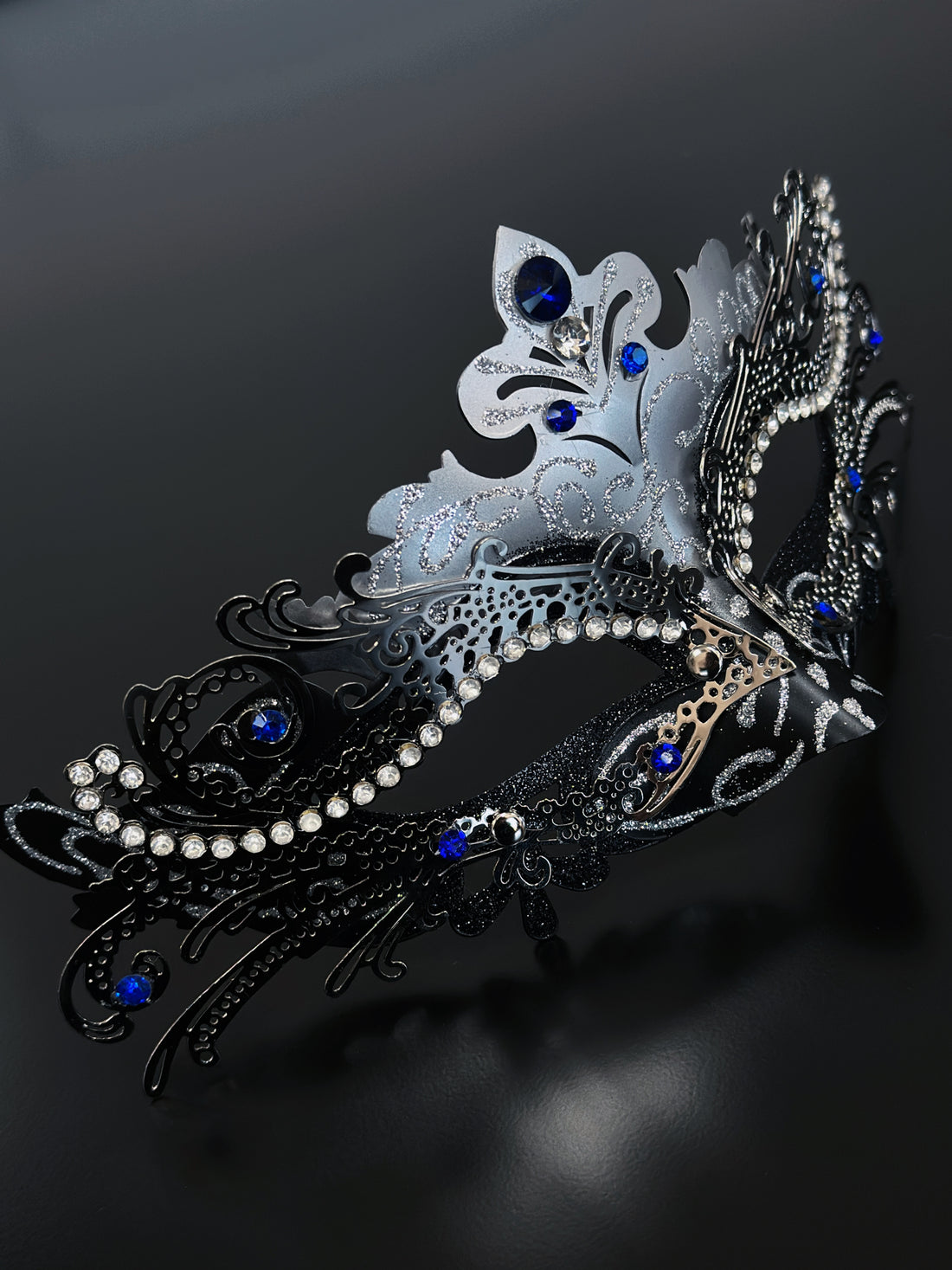 Silver Nocturne Fox Mask- Blue Rhinestone