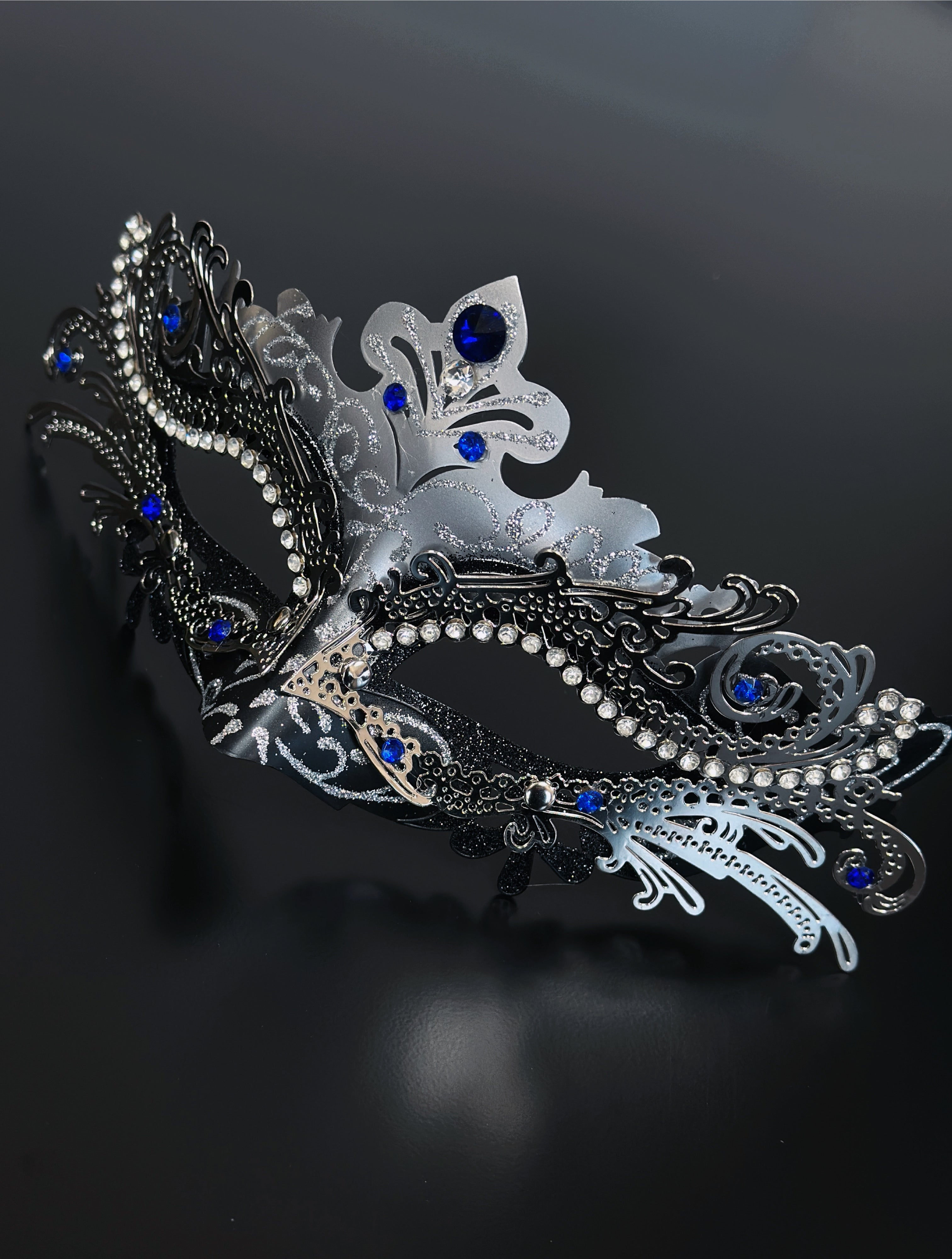 Silver Nocturne Fox Mask- Blue Rhinestone