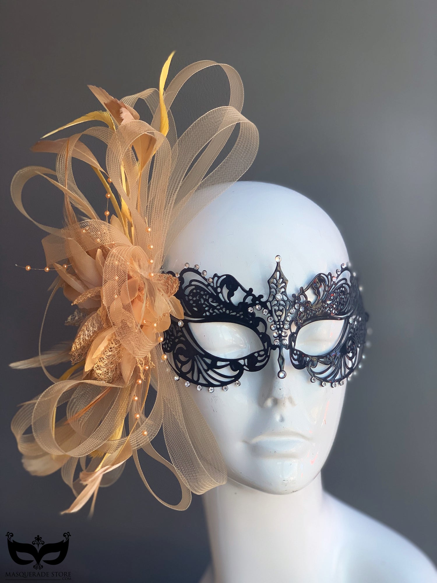 Ana Black Metal Mask - Gold Feathers