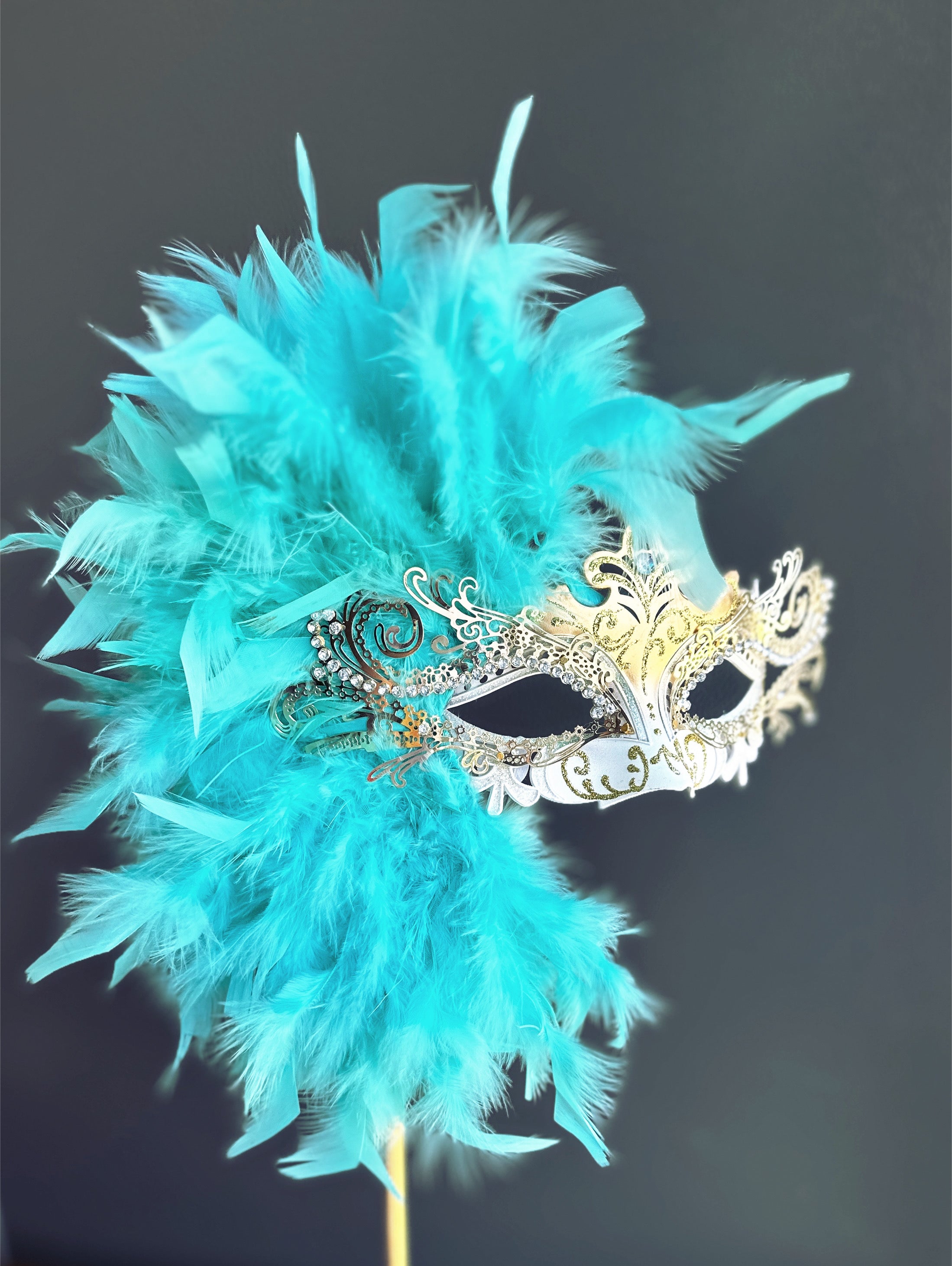Duca Handheld Stick Feather Mask - Gold/White