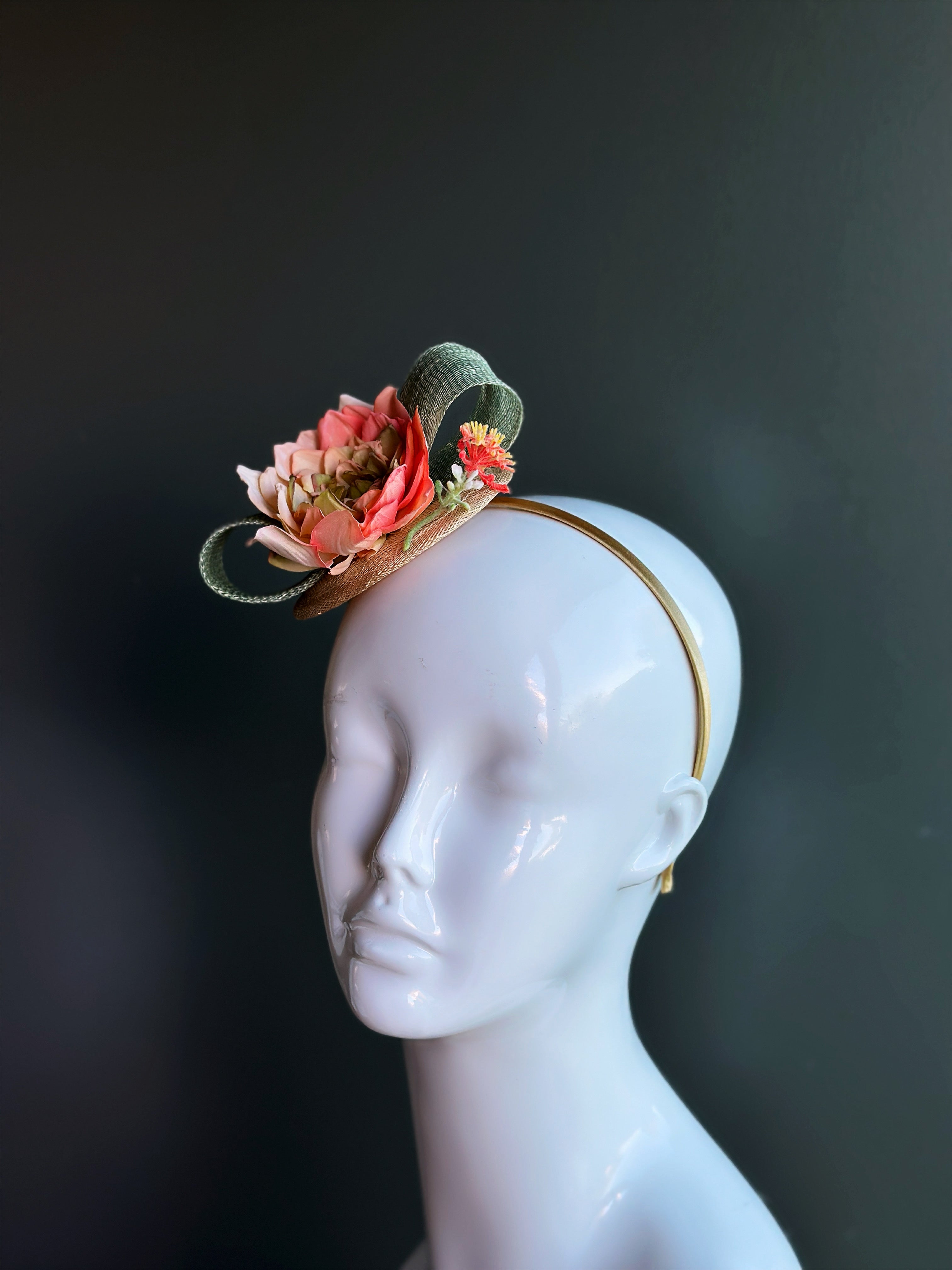 Coral Floral Straw Fascinator Headband