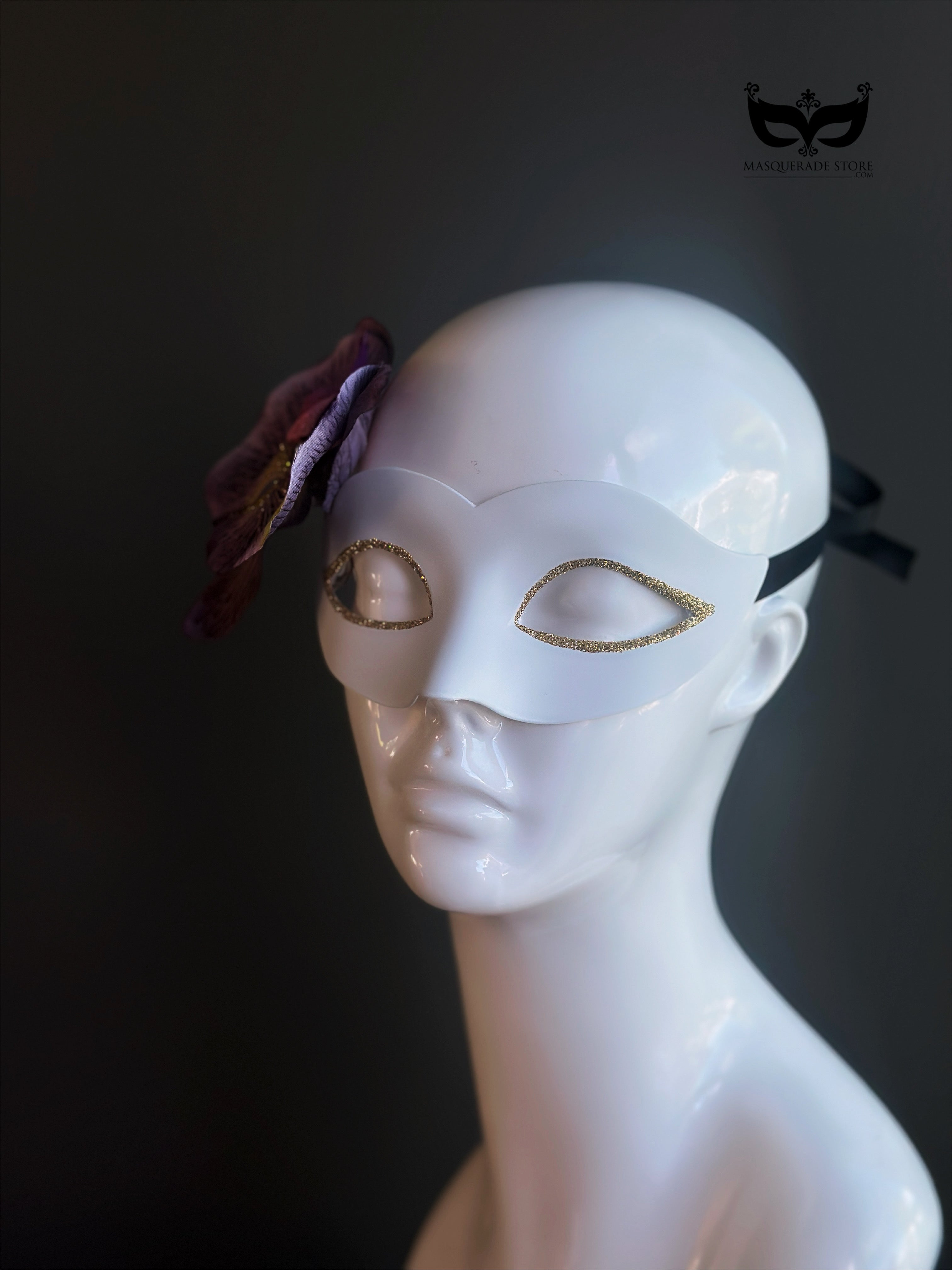 White Venetian Mask with Orchid Flower