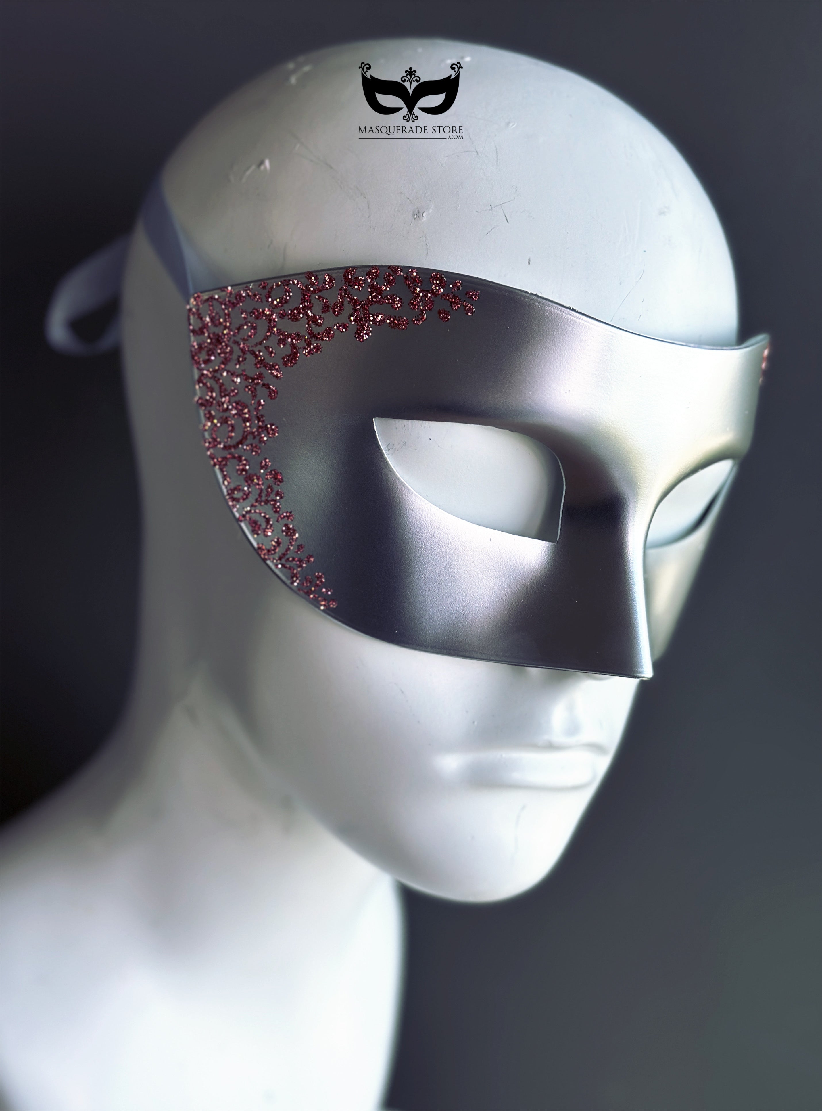 Silver Venetian Mens Mask with Pink Filigree