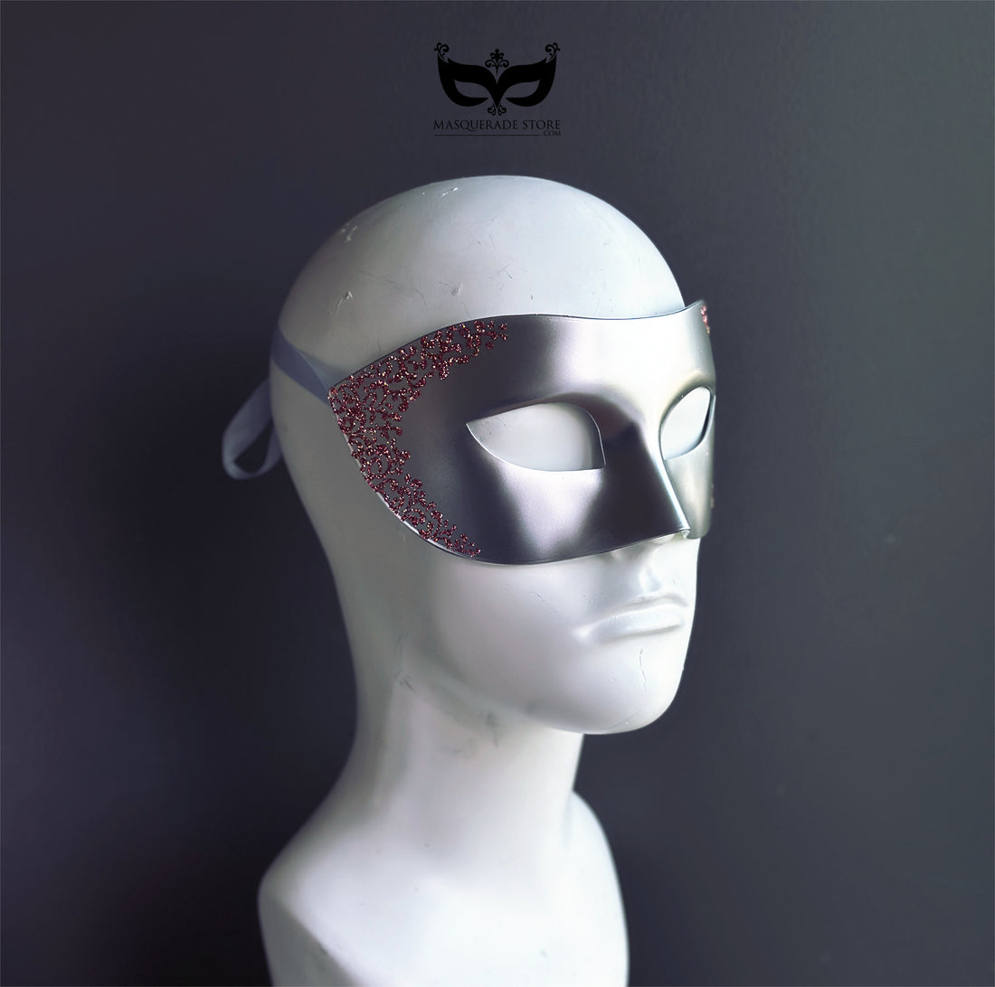 Silver Venetian Mens Mask with Pink Filigree