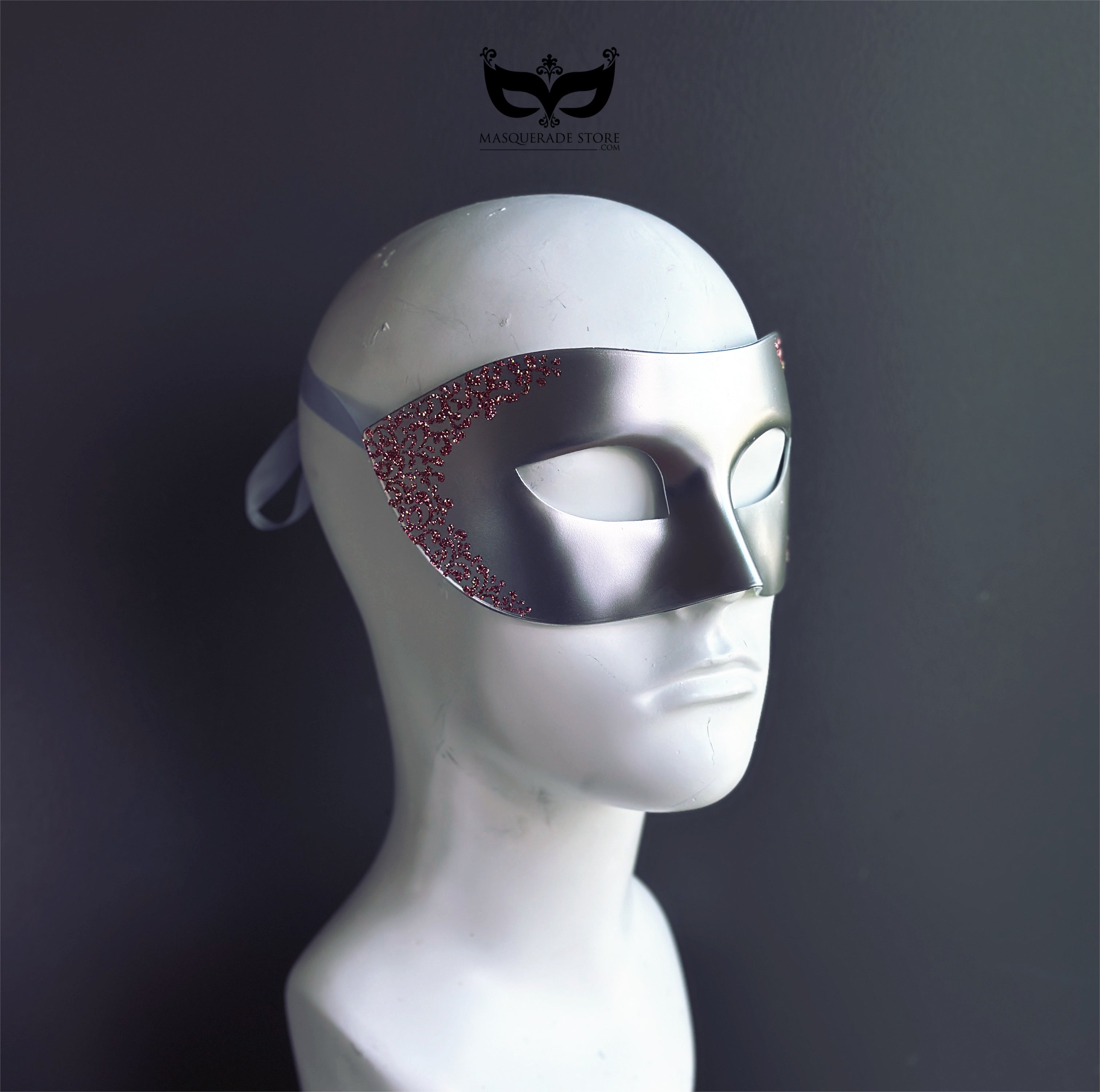 Silver Venetian Mens Mask with Pink Filigree