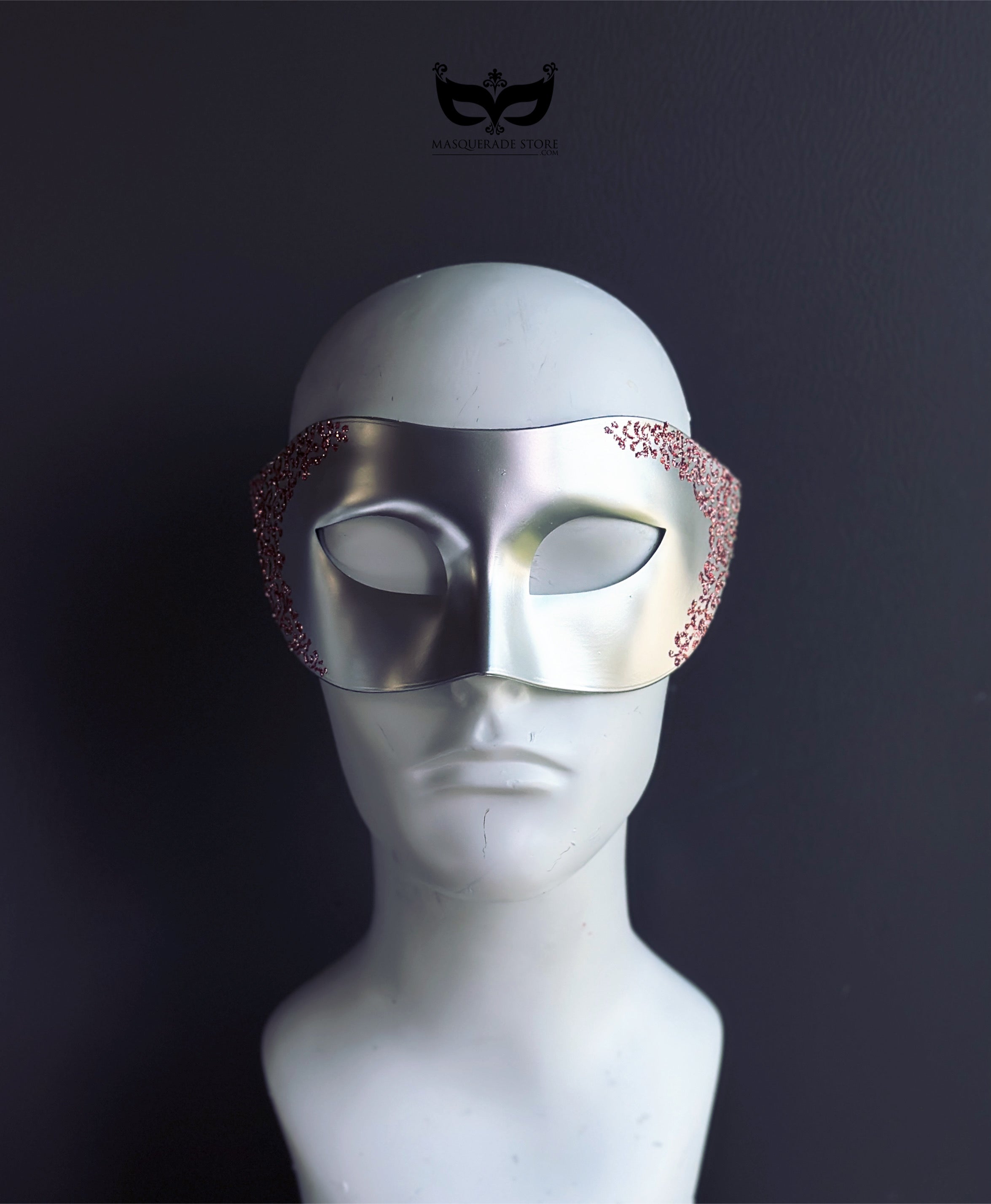 Silver Venetian Mens Mask with Pink Filigree