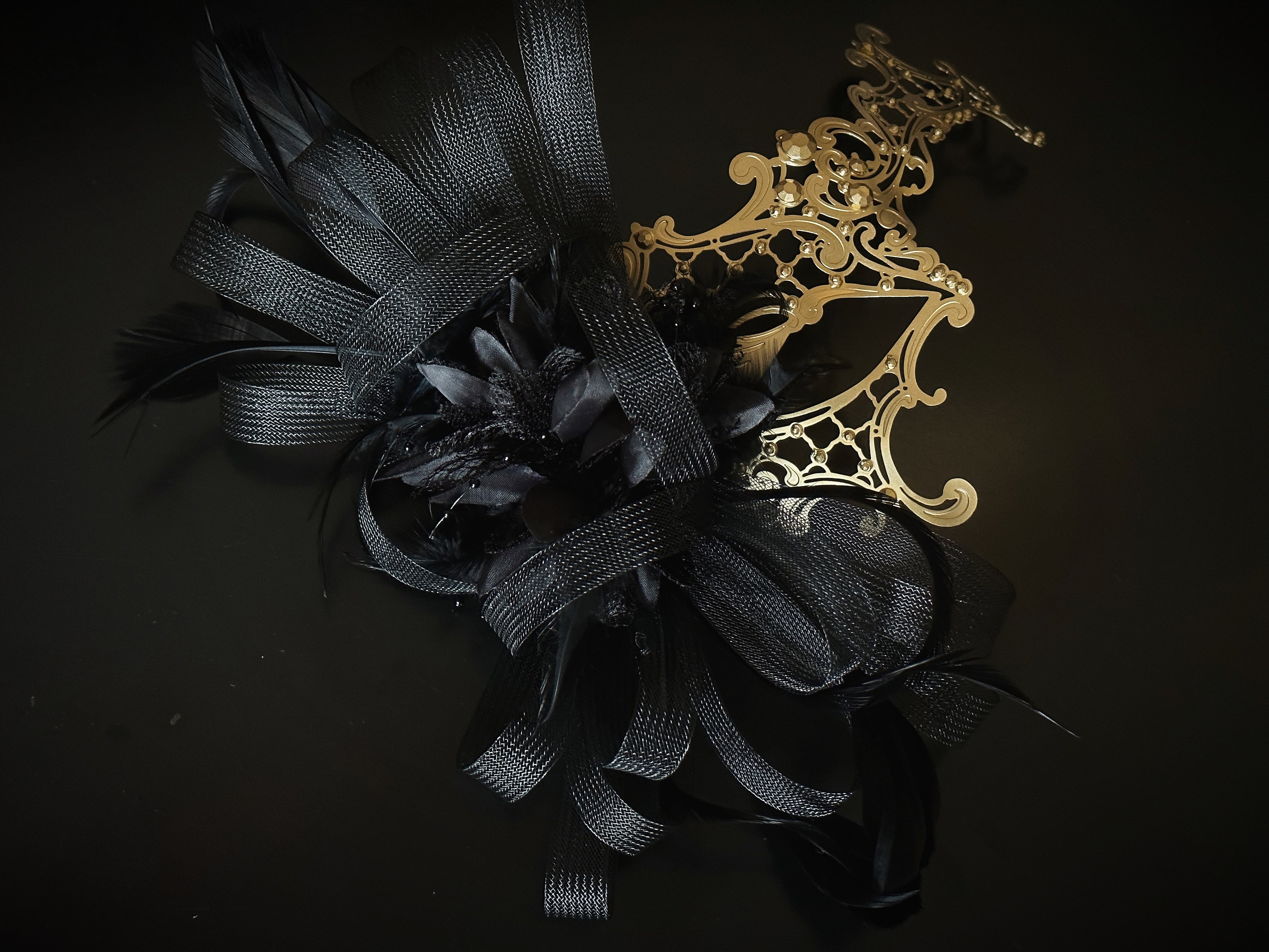 Phantom Gold Metal Mask- Black Tulle