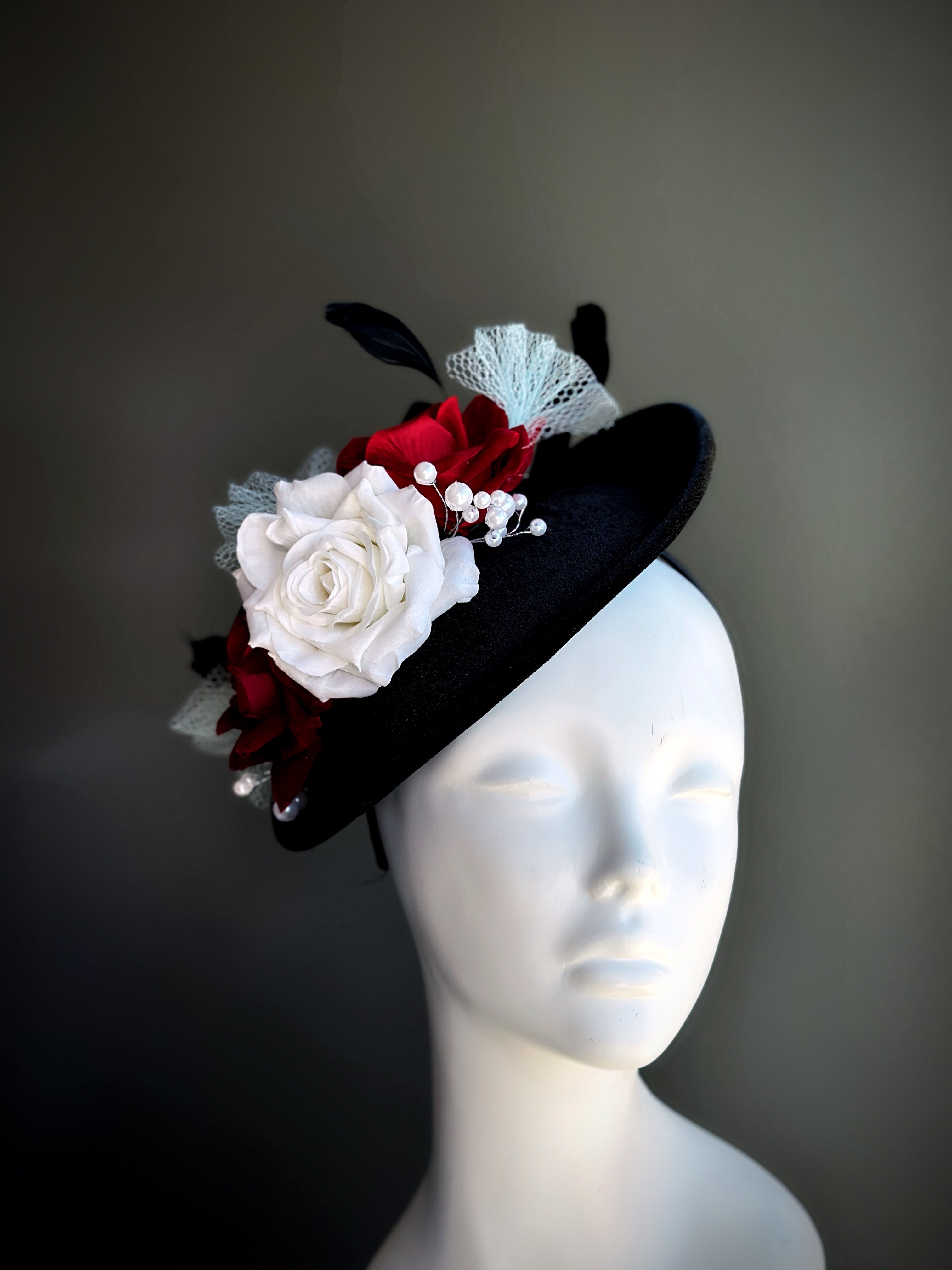 Vintage Rose Fascinator Hat - Black Red