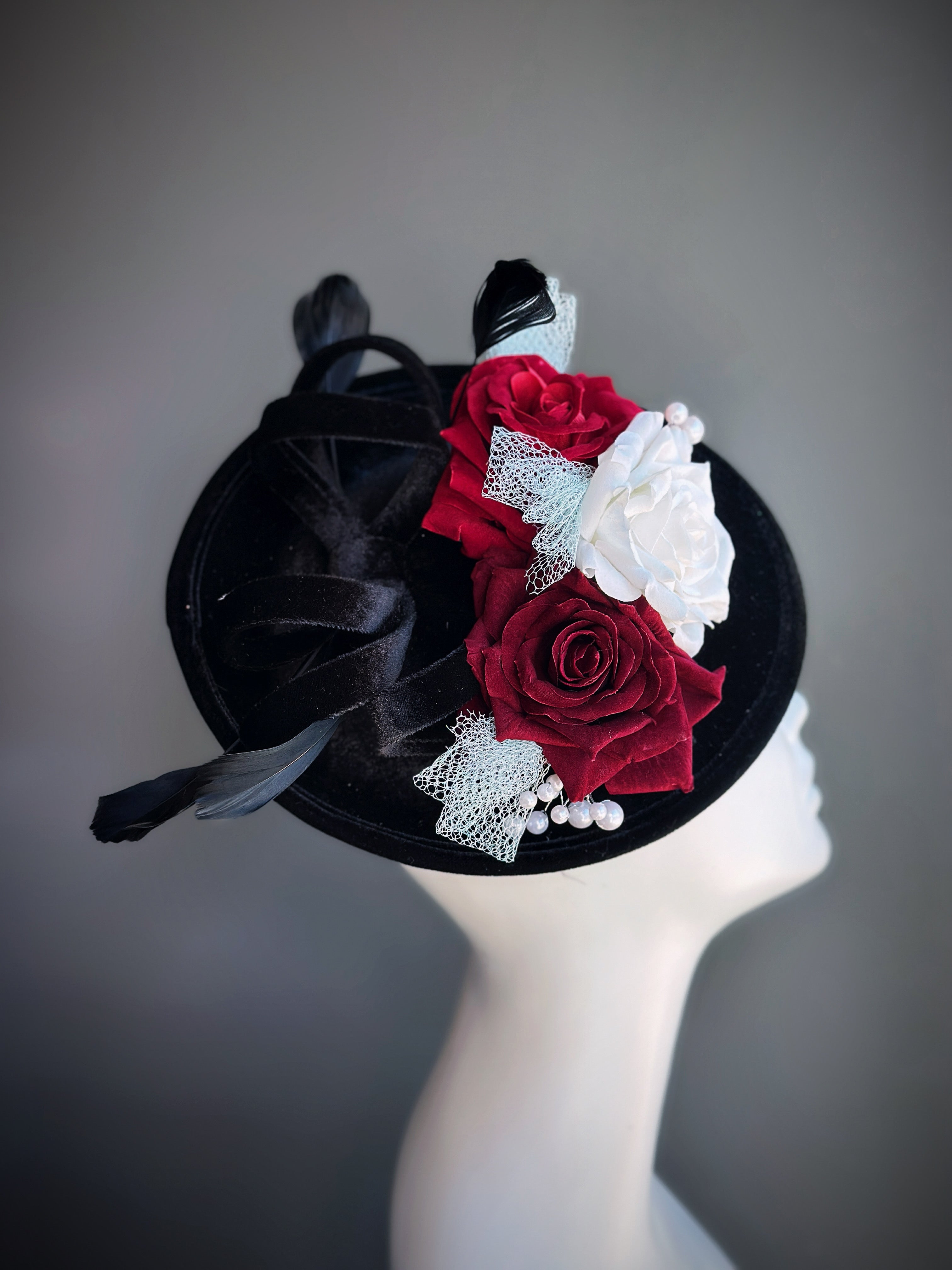 Vintage Rose Fascinator Hat - Black Red