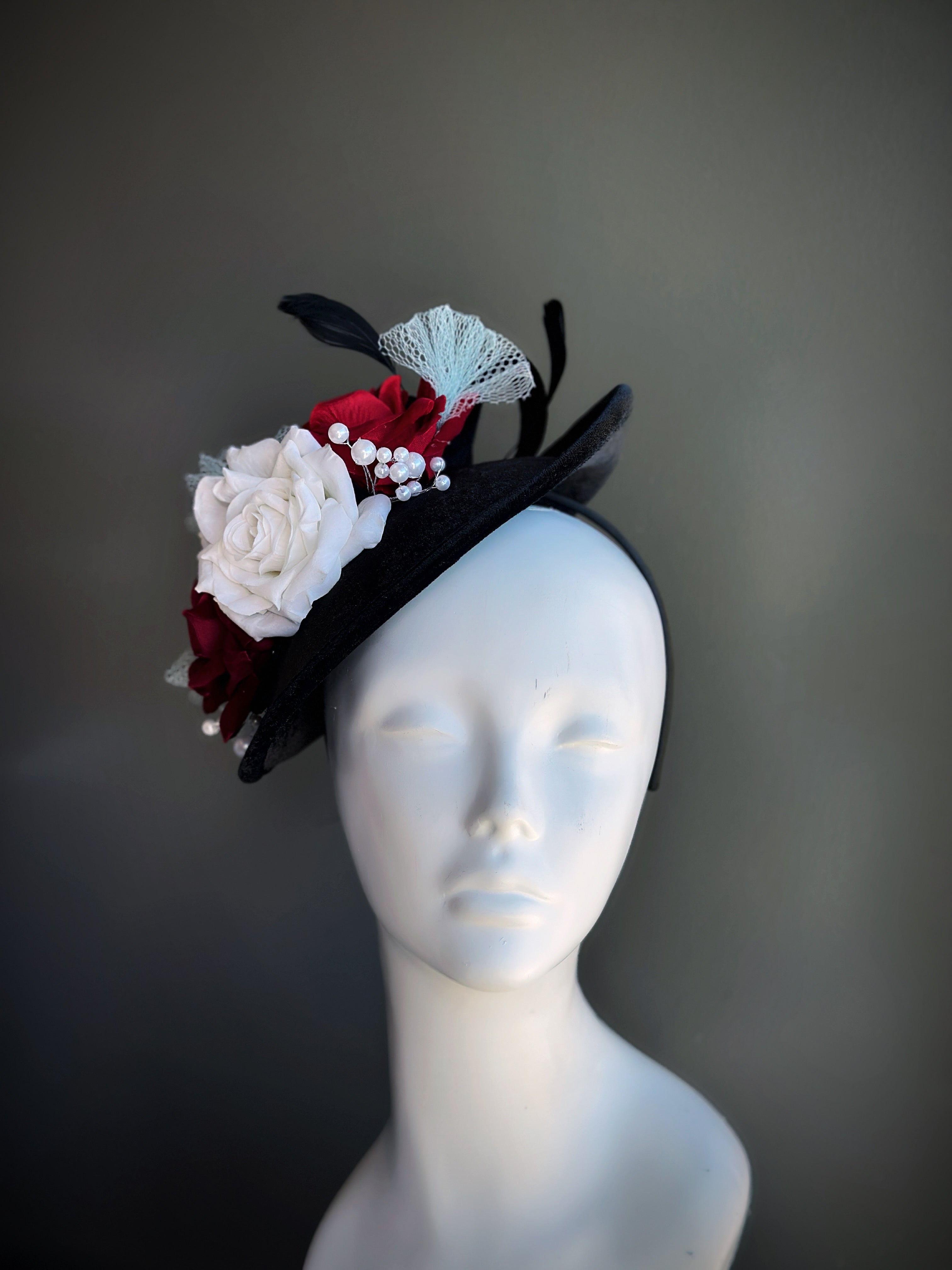 Vintage Rose Fascinator Hat - Black Red