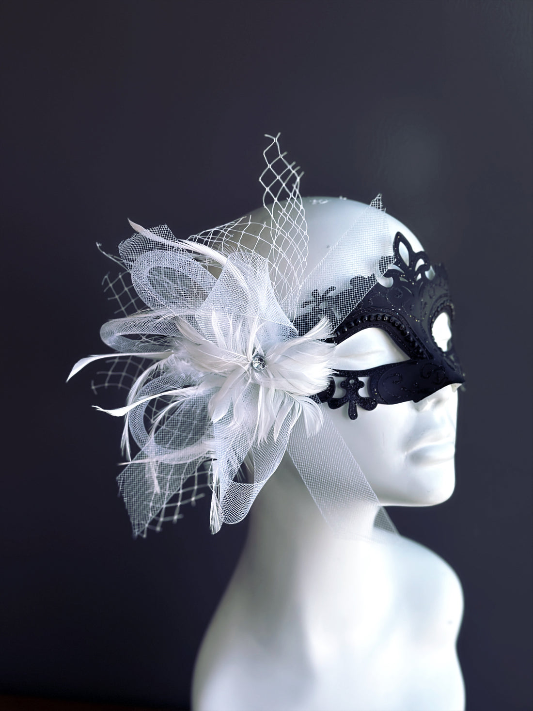 Mystique Black Mask - White Feather