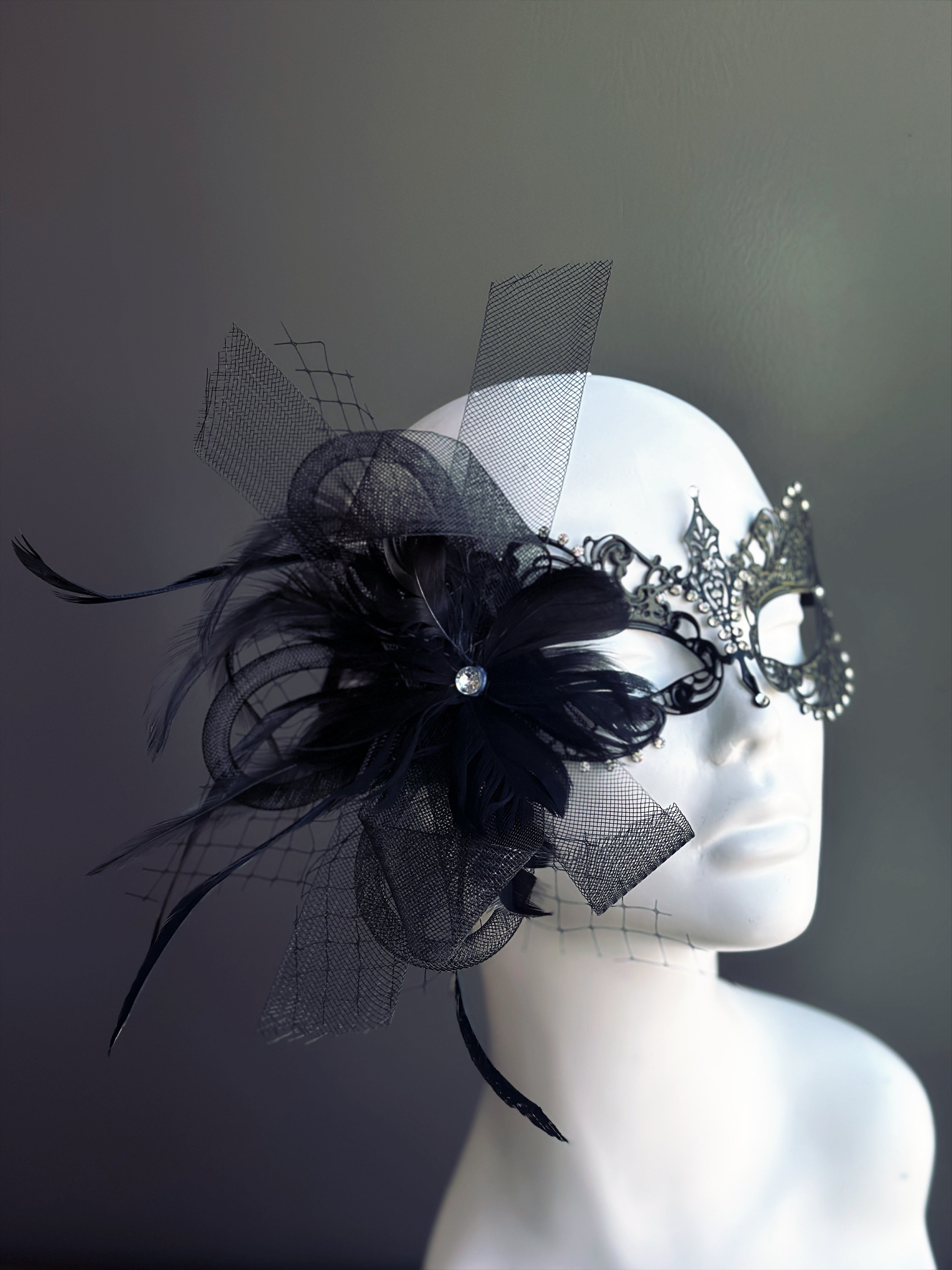 Ana Black Metal Mask - Black Feathers