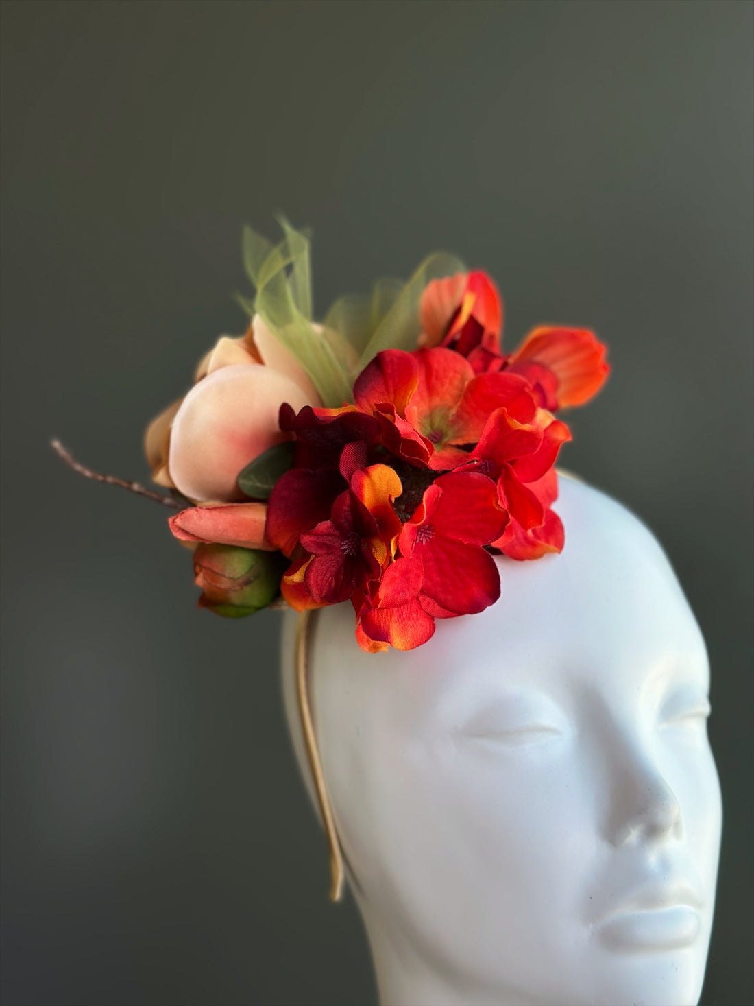Magnolia Ember Fascinator - Peach & Red