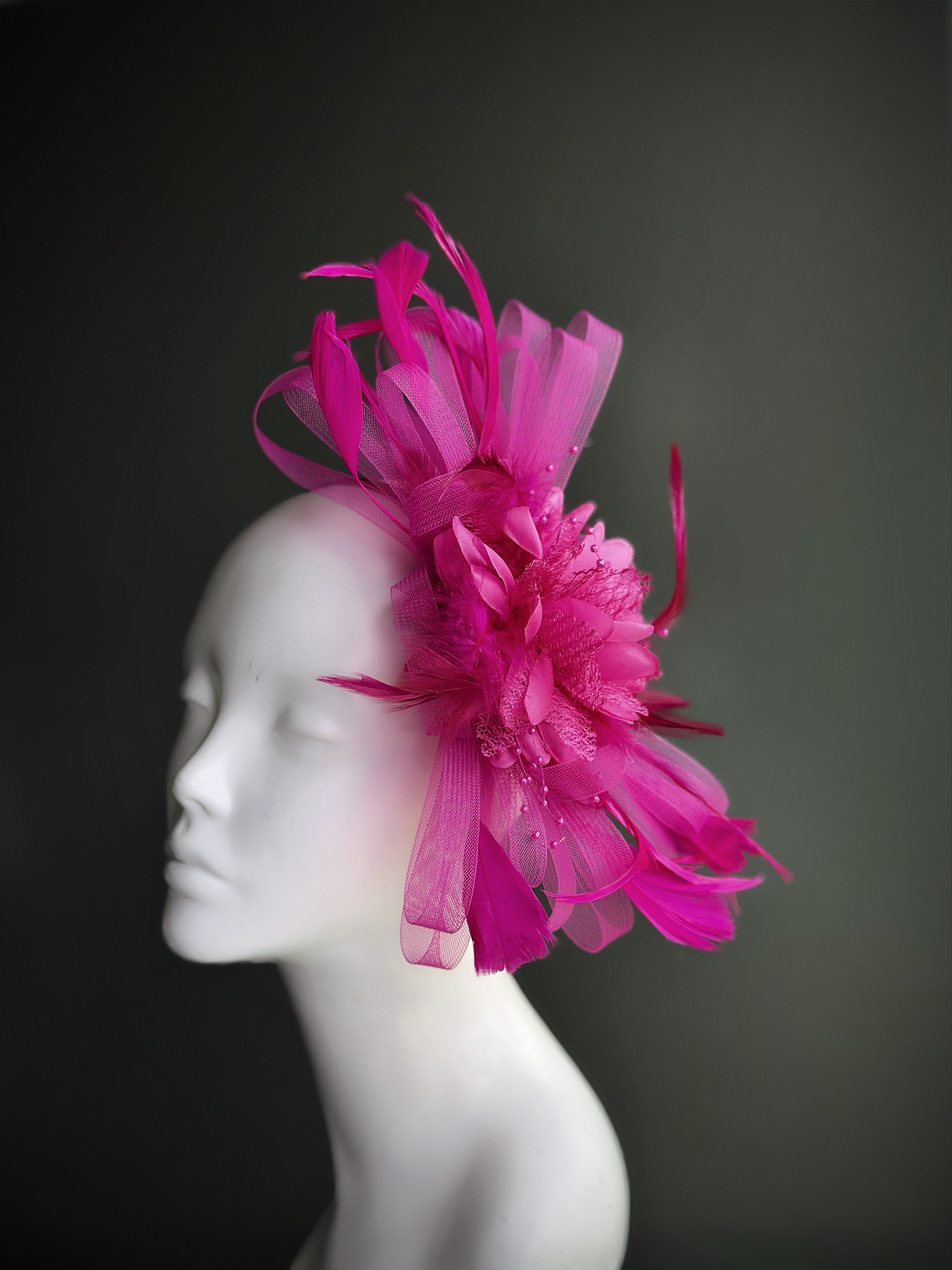 Feather Tulle Hairpiece - Hot Pink