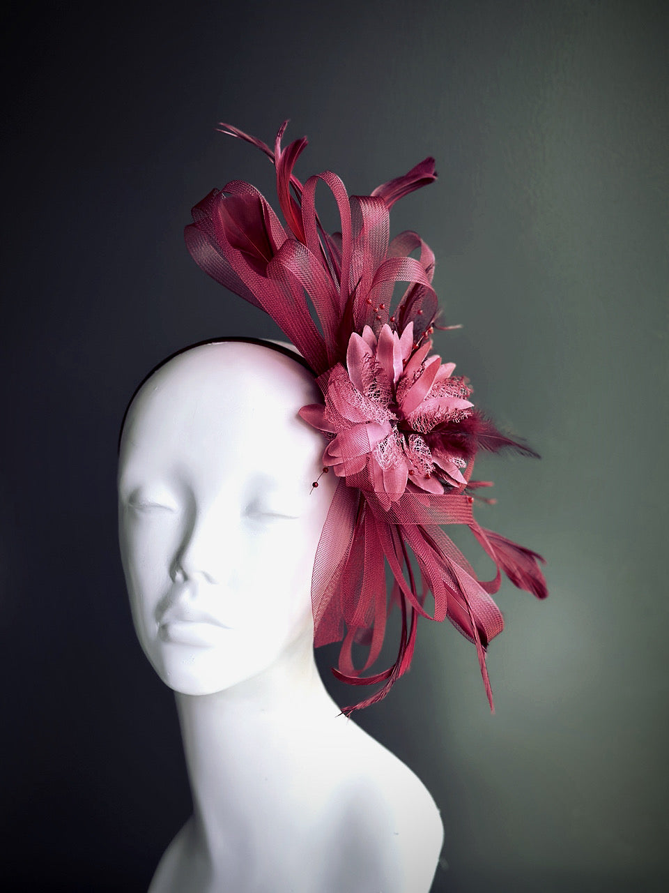 Feather Tulle Hairpiece - Wine Red