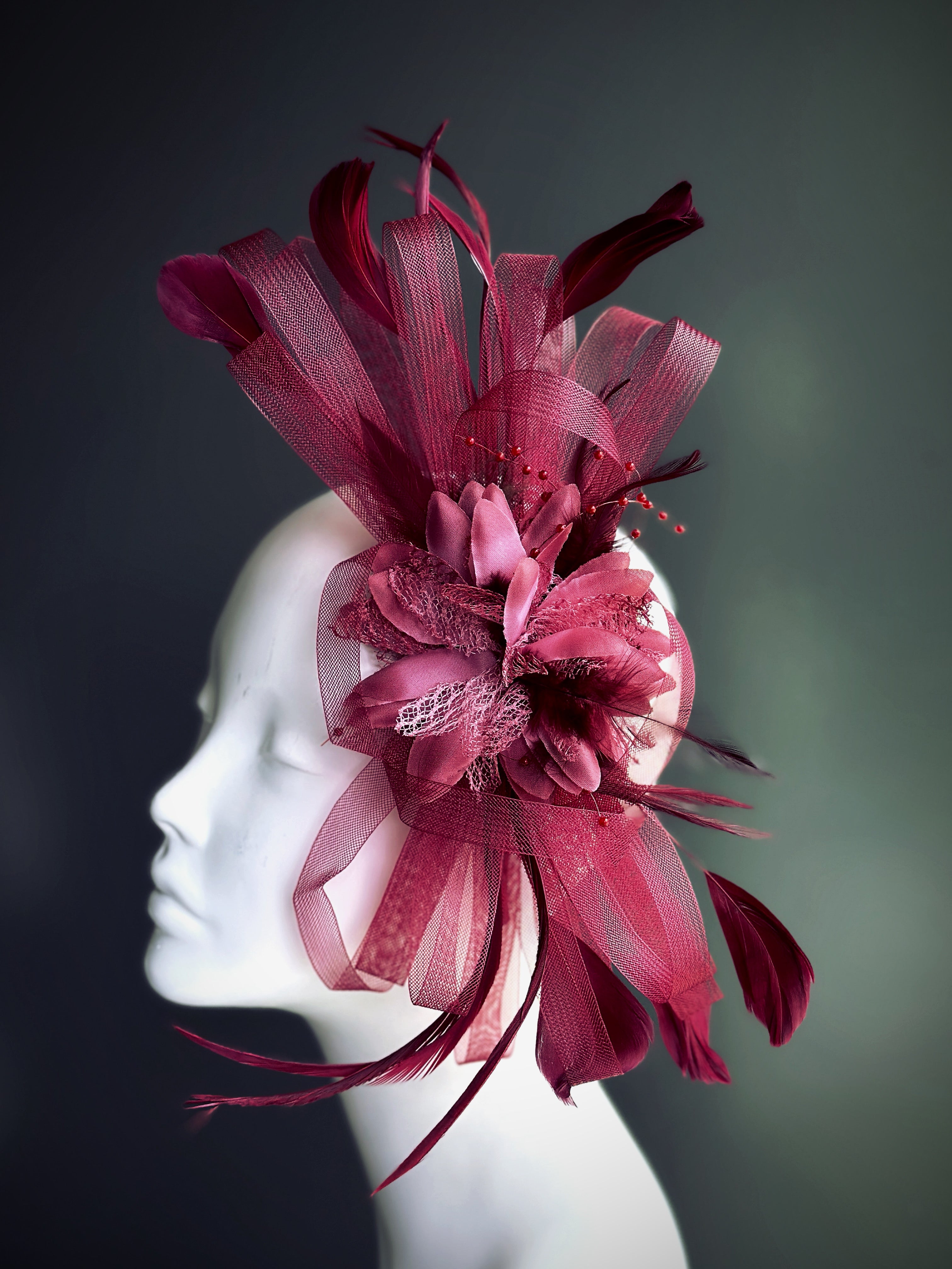 Feather Tulle Hairpiece - Wine Red