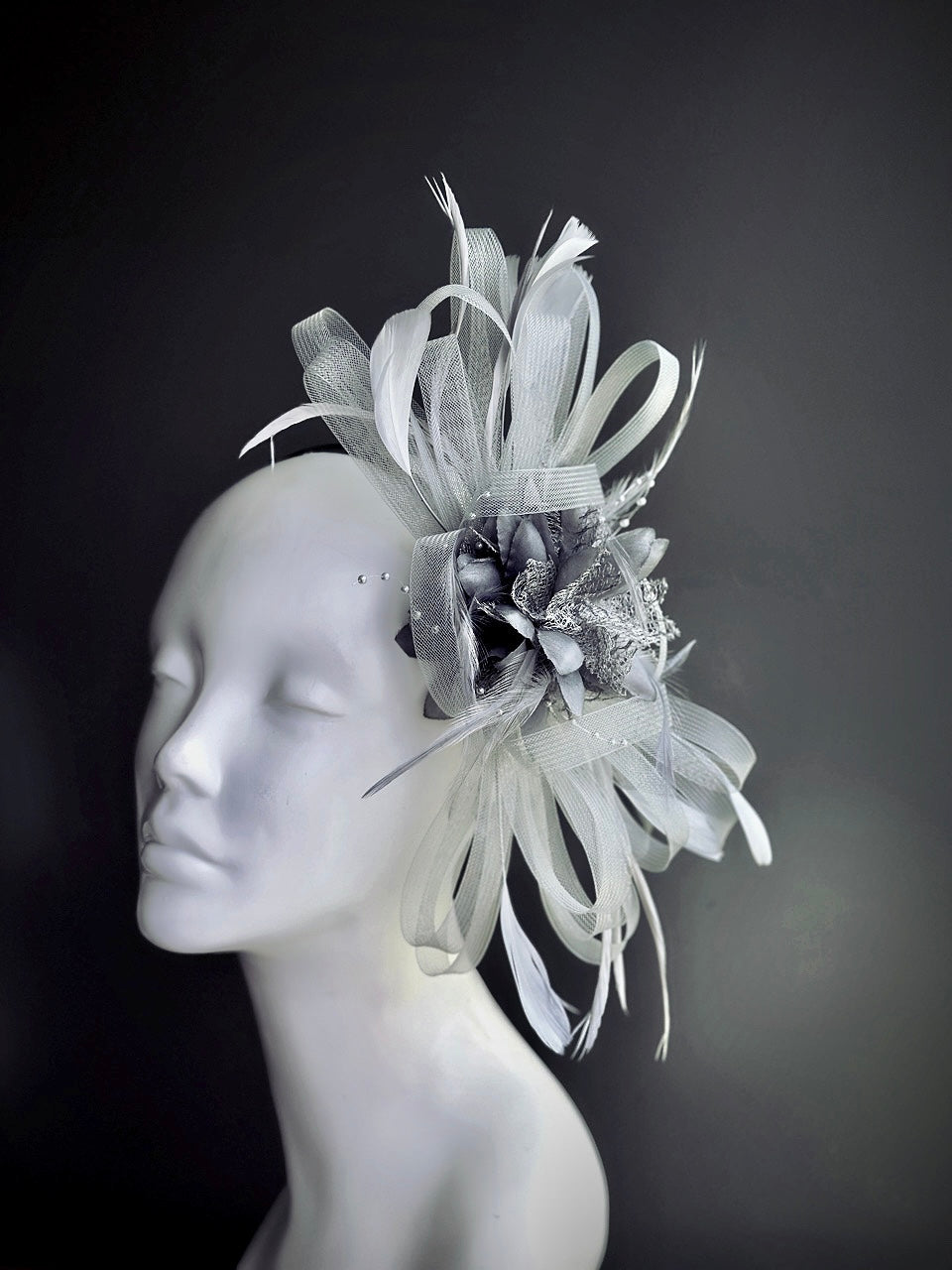 Feather Tulle Hairpiece - Light Gray