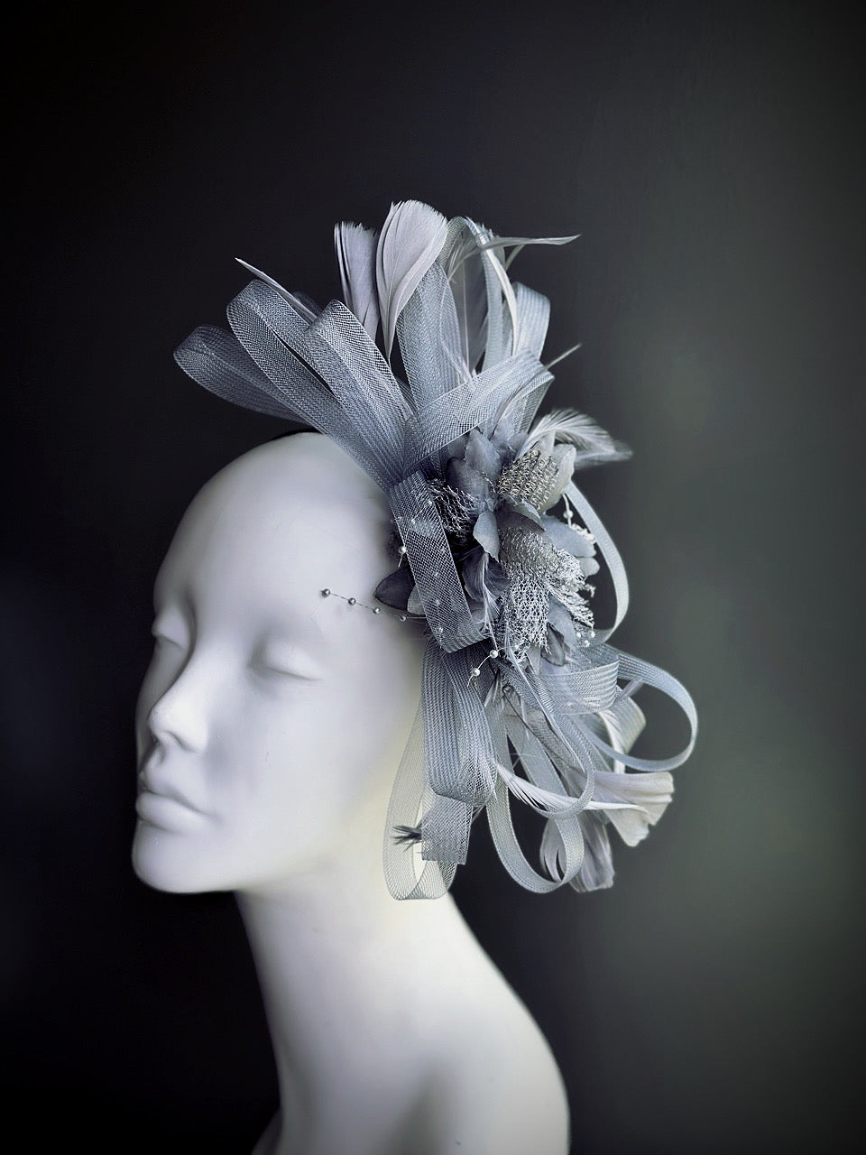 Feather Tulle Hairpiece - Dark Gray