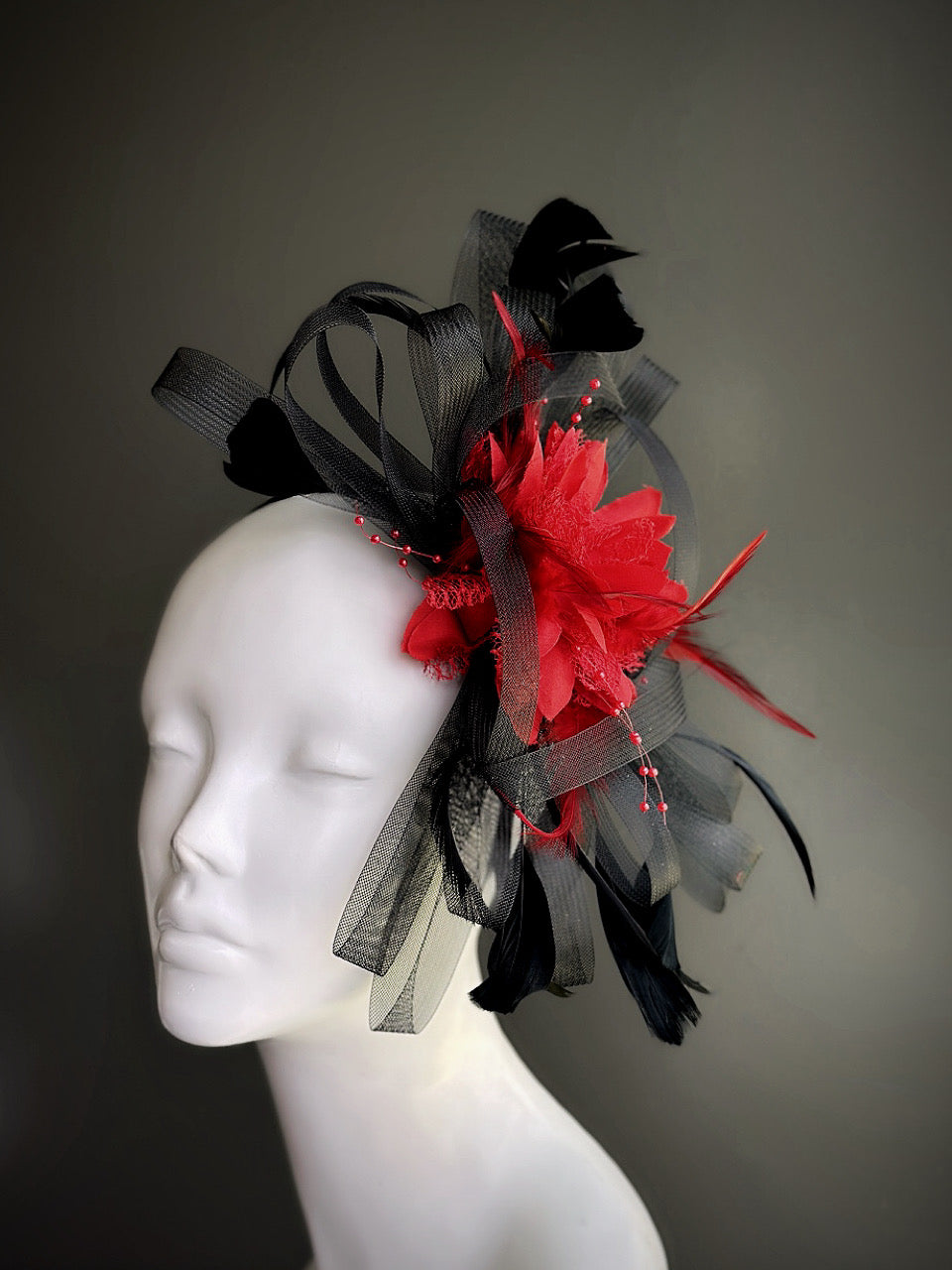 Feather Tulle Hairpiece - Red Black